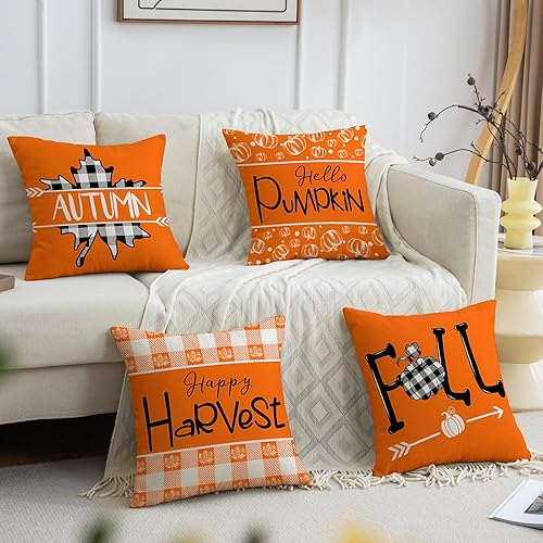 Miniatura 54 de Juego de 4 fundas de almohada de calabaza de otoño de 18 x 18 pulgadas, decoración de otoño, a rayas, para Acción de Gracias, casa de campo, 18 x 18