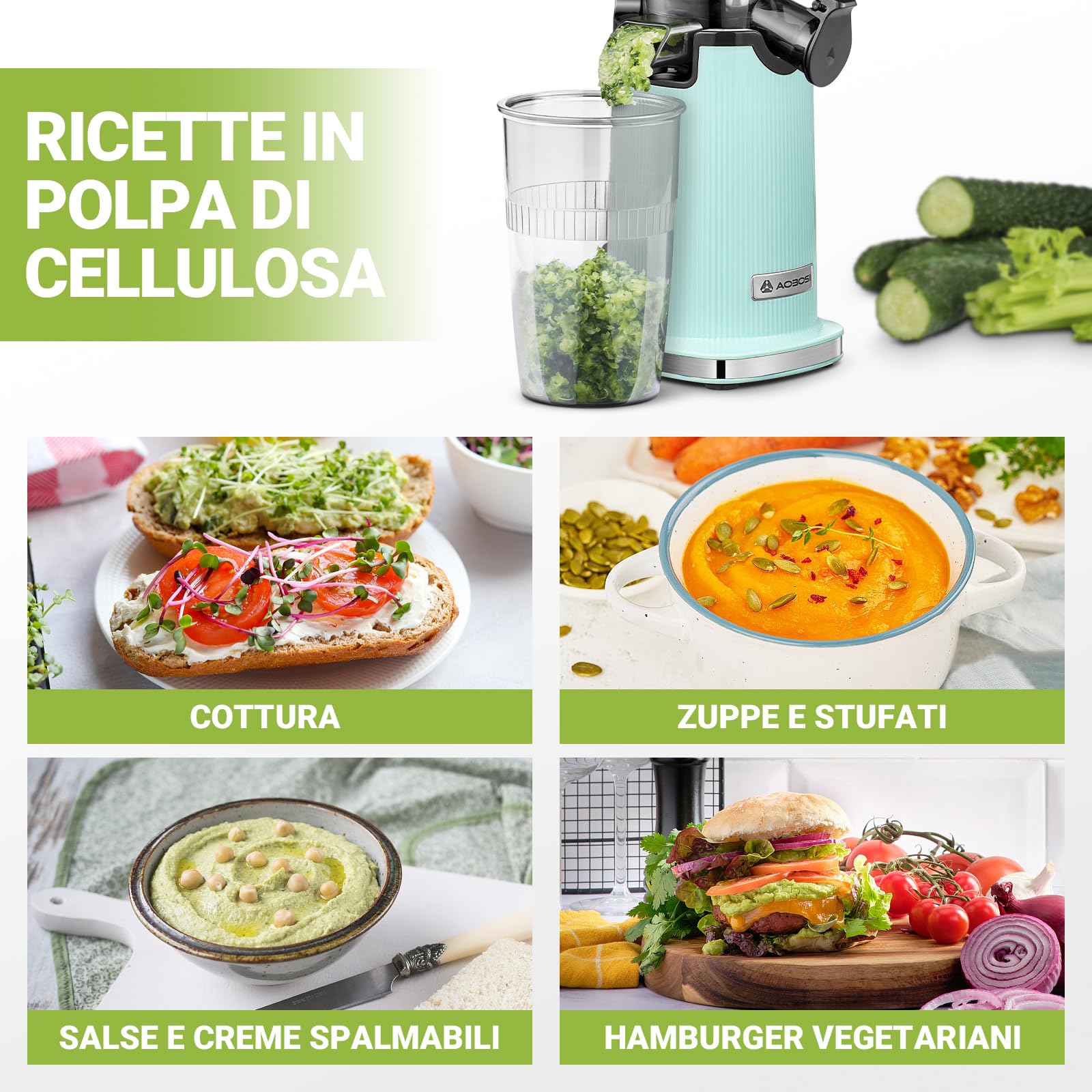 Estrattore frutta e verdura AOBOSI-Mini estrattore con funzione di masticazione inversa -estrattore di succo con spazzola e 2 tazze -150W estrattore a freddo - Spremiagrumi elettrico-Verde.