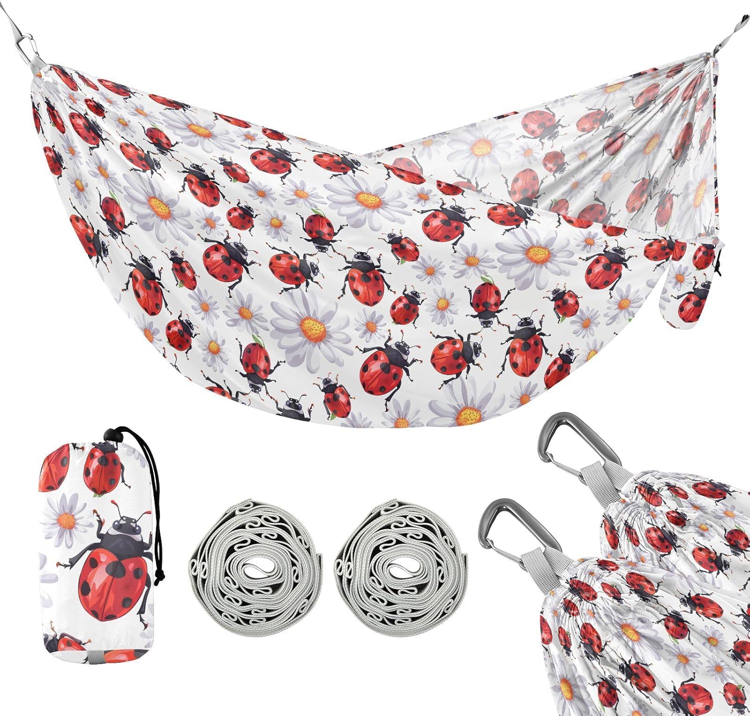 ALAZA Lady Bug Daisy Flower Camping Hammocks Single or 2 Person 500 lbs Portable Parachute Travel Hammock w/Tree Straps for Hiking Backpacking Indoor Outdoor