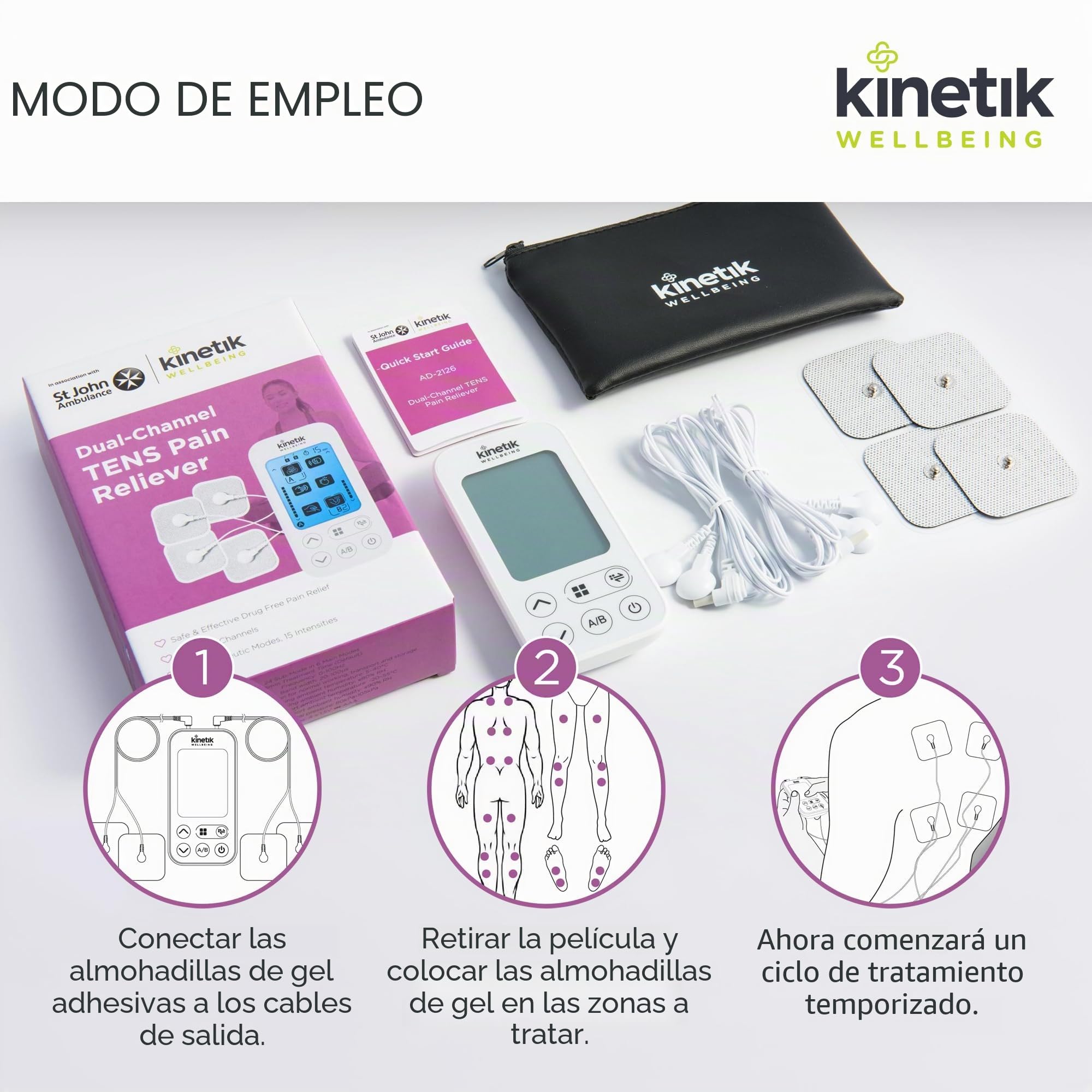 Kinetik Wellbeing - Máquina TENS de doble canal, estimulador muscular para aliviar el dolor