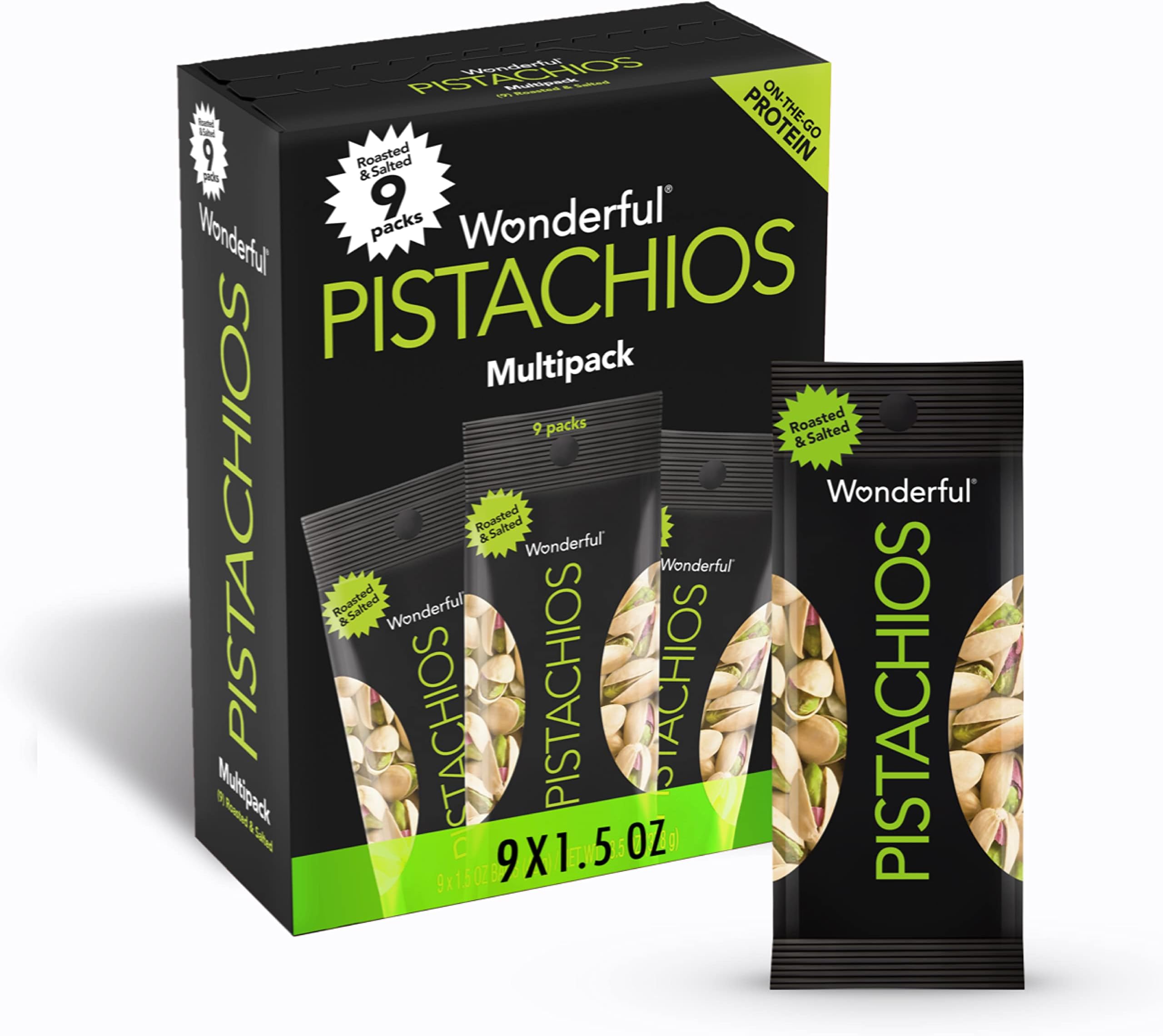 Wonderful Pistachios In Shell, Roasted & Salted Nuts, 1.5 Ounce Bag (Pack of 9), Protein Snacks, On-the-Go, Individually Wrapped Healthy Snacks for Adults