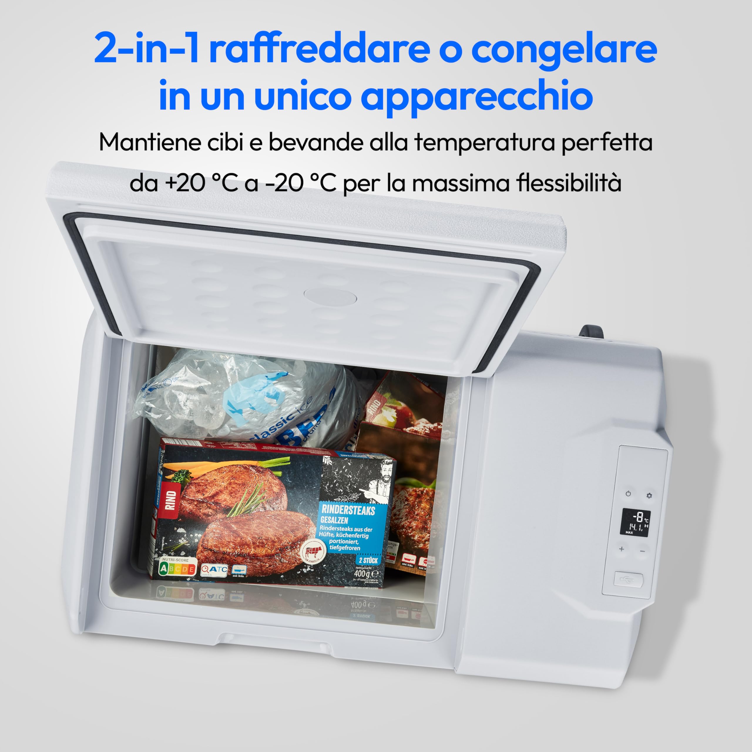 MEDION Frigo portatile con compressore (elettrico, 39 litri di spazio, 60 watt, da -20°C a 20°C, display a LED, USB, adattatore da 230V 12V 24V per auto, camion, camper, campeggio (MD13111)