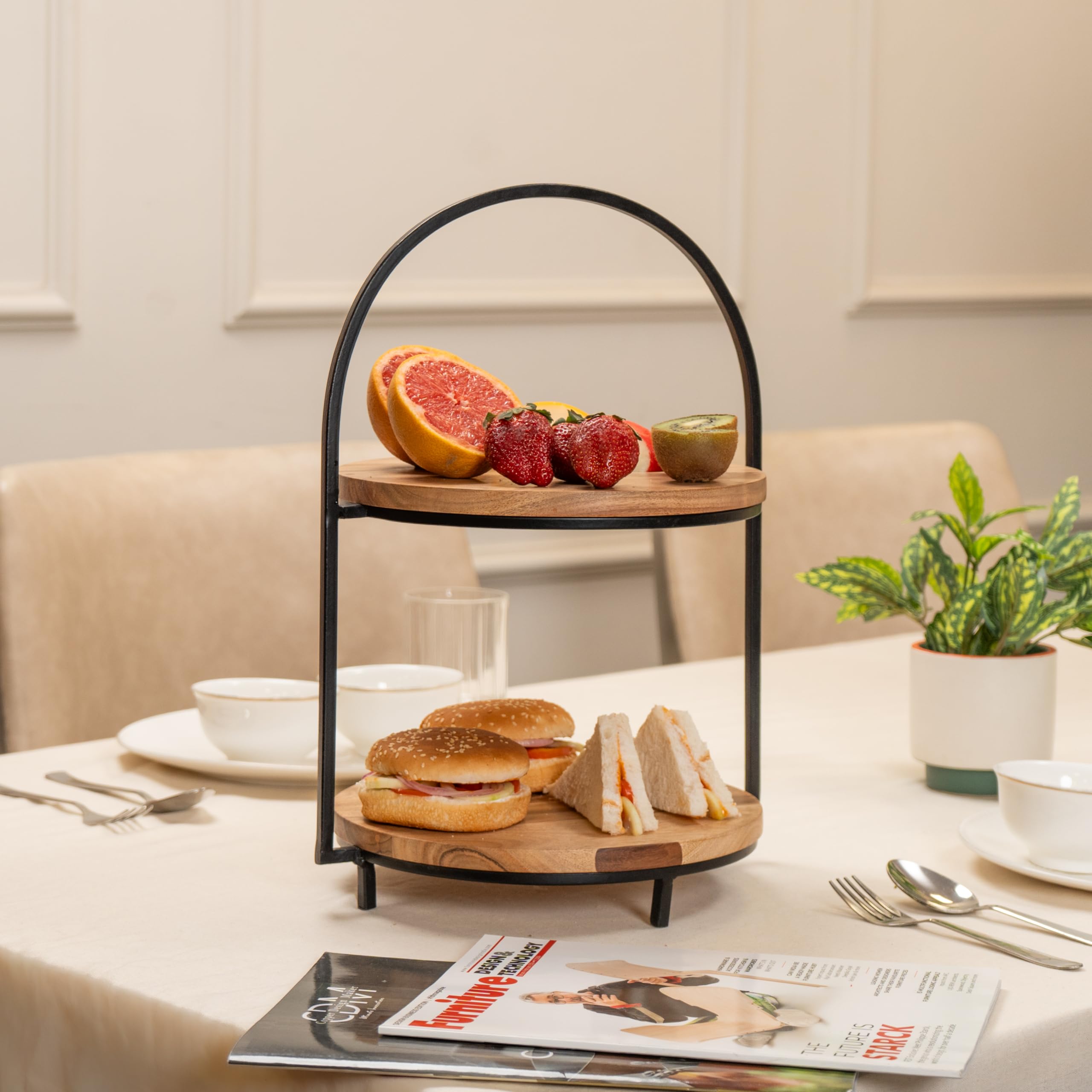 Arcella 2-Tier Serving Stand - Acacia Wood & Metal -8