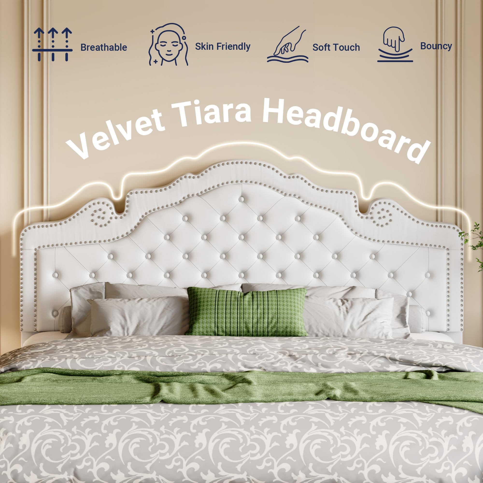Allewie King Bed Frame with Adjustable Velvet Tiara Headboard, Upholstered Diamond Button Tufted Platform Bed, Wood Slats Support, No Box Spring Needed, Mattress Foundation, Easy Assembly, Black: White King