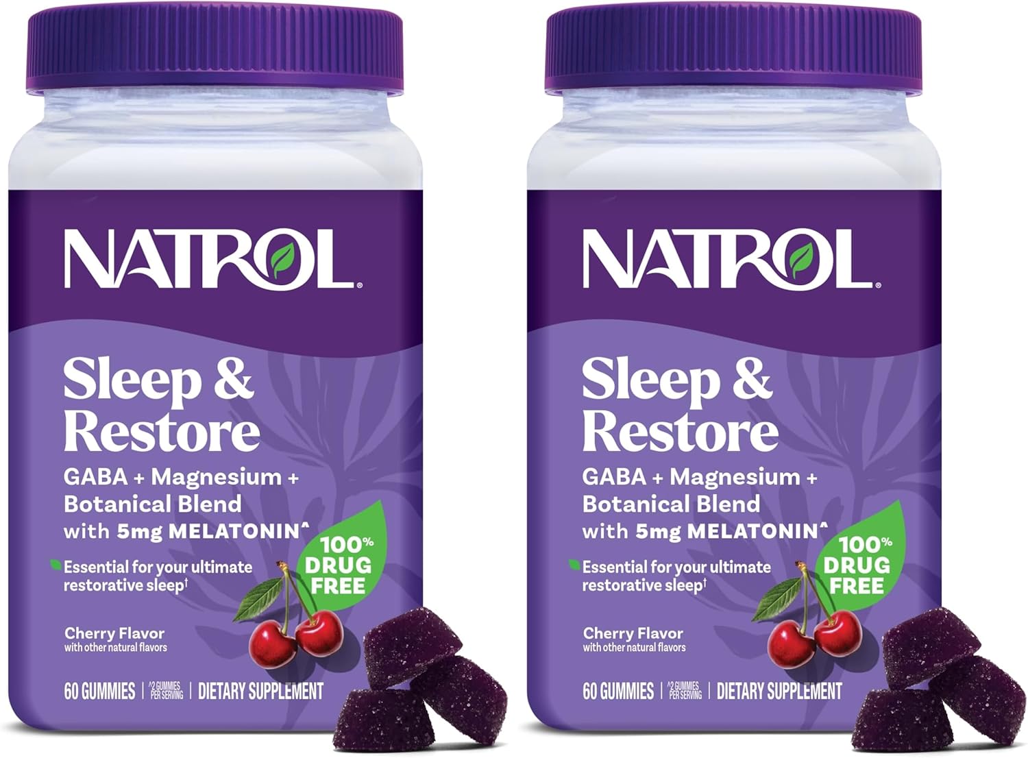 Natrol Sleep + Restore Magnesium Glycinate Blend Gummies with Melatonin 5mg - Calm Magnesium with GABA,Botanical Blend,Cherry Flavor,60 Gummies,(Pack of 2)