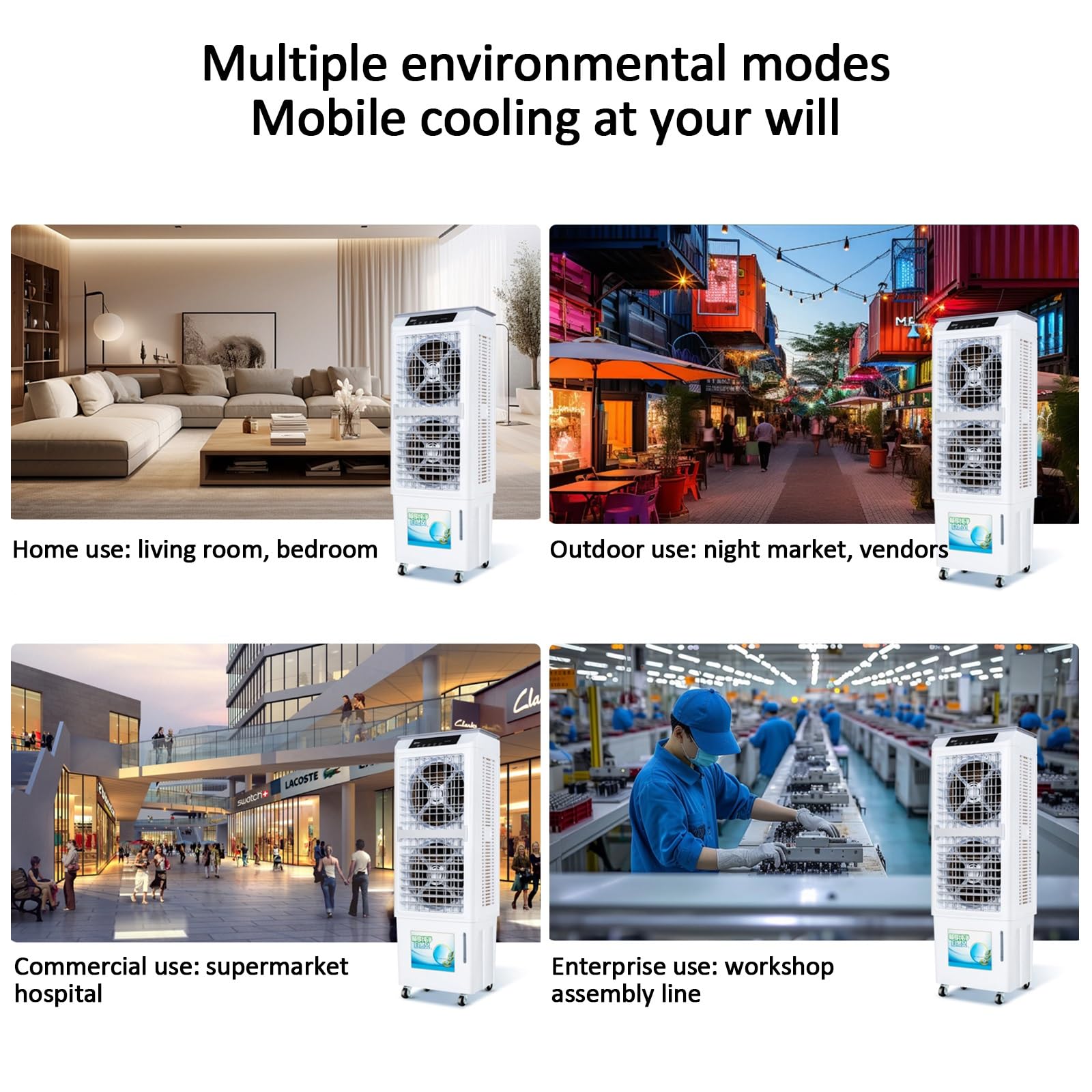 Refroidisseur d'air Portable pour la Maison avec 4 glacières – Refroidisseur d'air 3 en 1, 3 Vitesses, réservoir d'eau roulettes de 40 L, Ventilateur de climatiseur sans fenêtre (Couleur