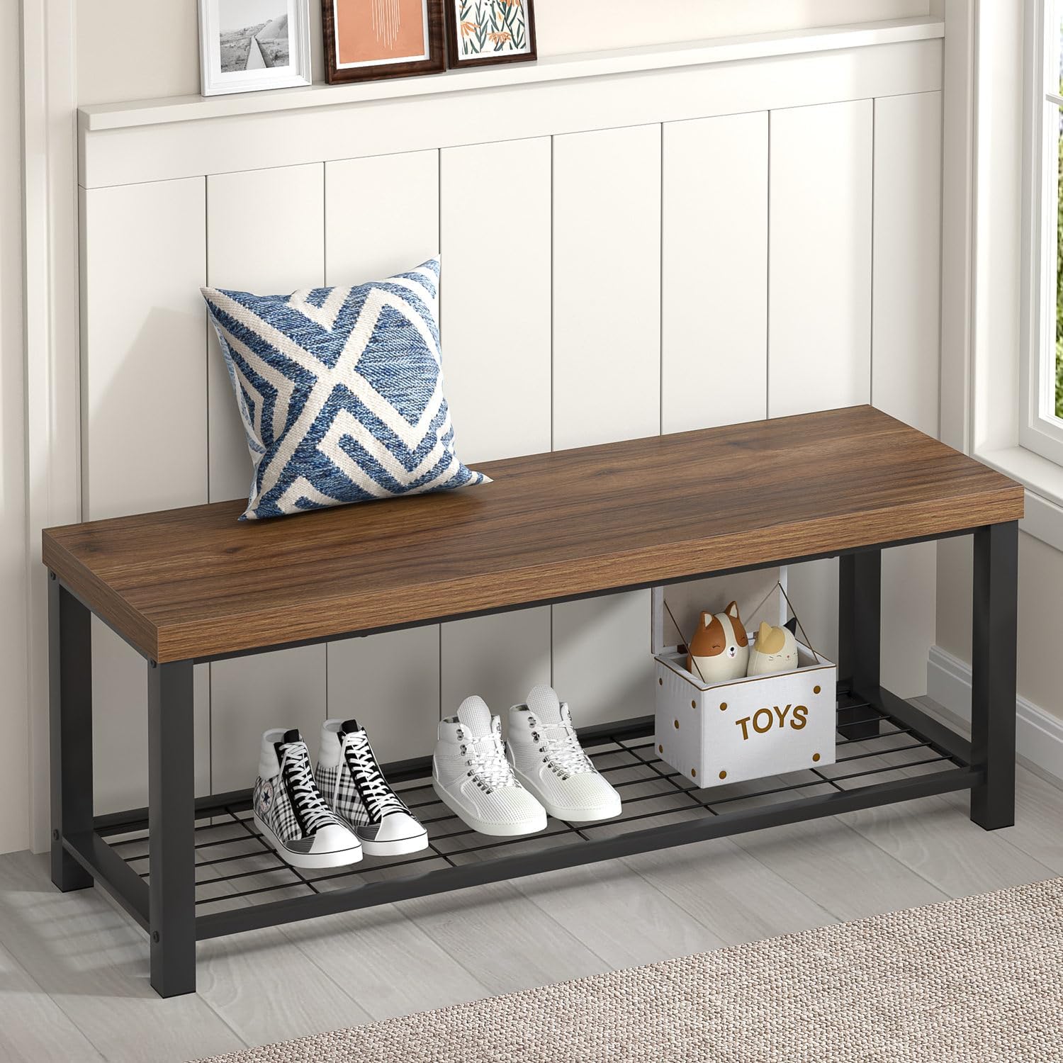 FOLUBAN Shoe Bench, Modern Wood and Metal Storage Bench for Entryway Hallway, Industrial Indoor Bedroom Bench Seat for Living Room, Mudroom, Rustic Walnut, 47 Inch Walnut 47 inch