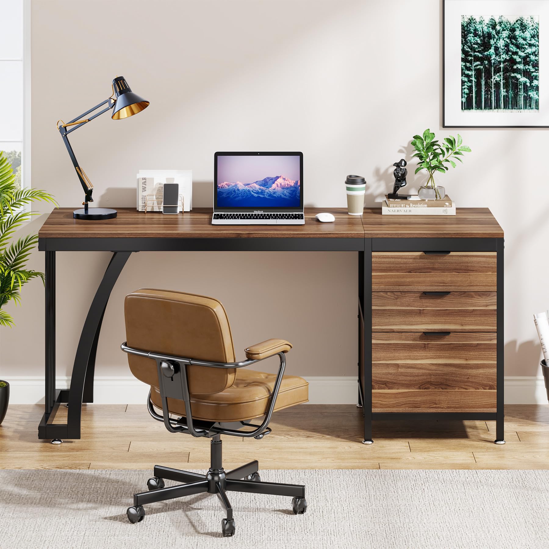 Tribesigns Escritorio para computadora con 3 cajones, escritorio de PC de 59 pulgadas con cajones reversibles, mesa de estudio industrial con almacenamiento de archivos para oficina en casa, nogal
