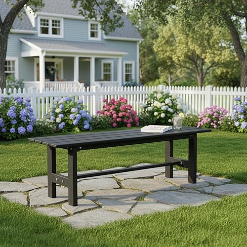 Miniatura 2 de Tangkula Banco de polietileno de alta densidad de 47 pulgadas para exteriores, banco de comedor de jardín con asiento de listones y marco de metal