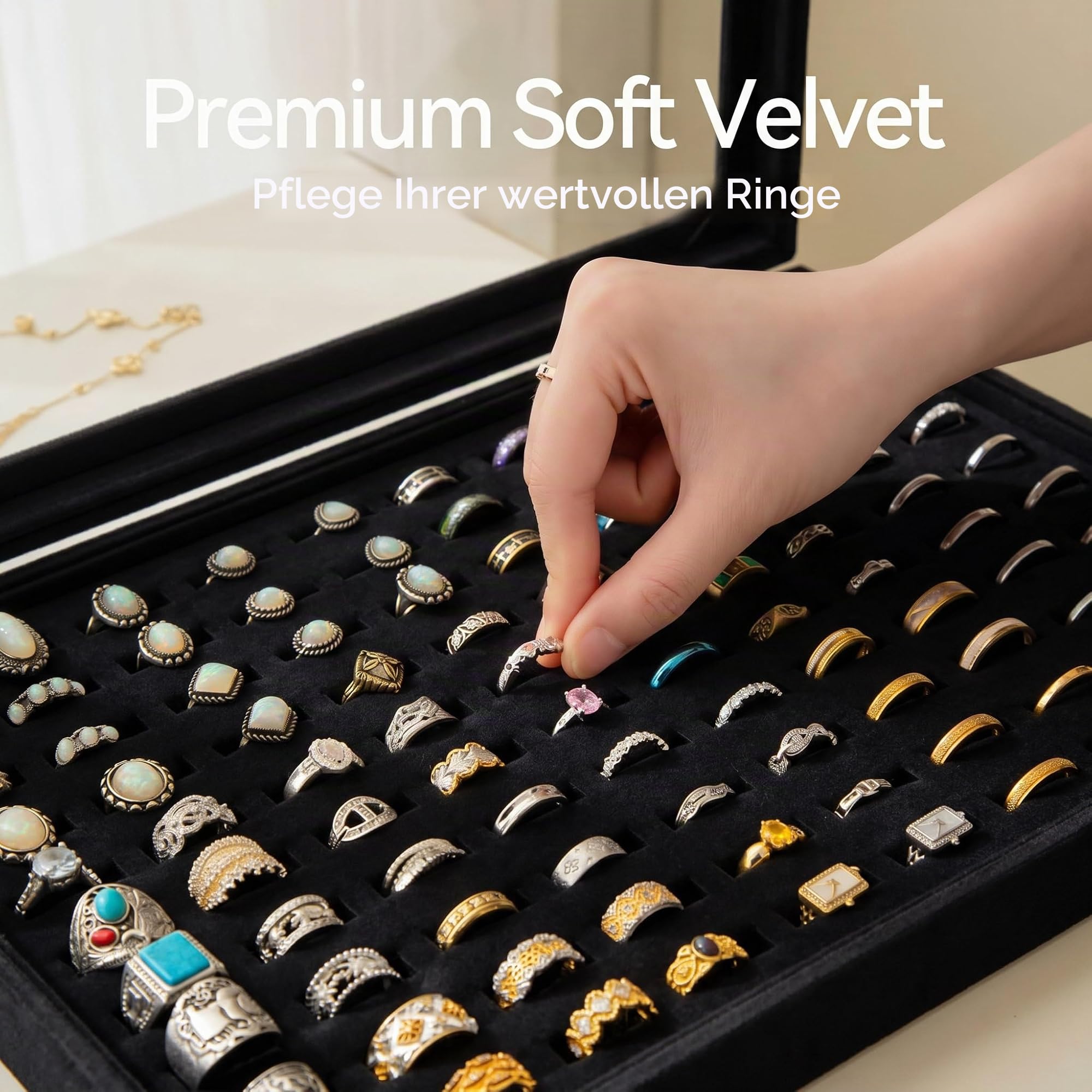 Frebeauty Ringorganizer-Tablett mit 100 Fächern, Ringhalter mit transparentem Deckel, Samtring-Aufbewahrungsbox, Ringablage für Schmuckaufbewahrung, Ringvitrine für Schmuck-Show, Ringbox für Damen