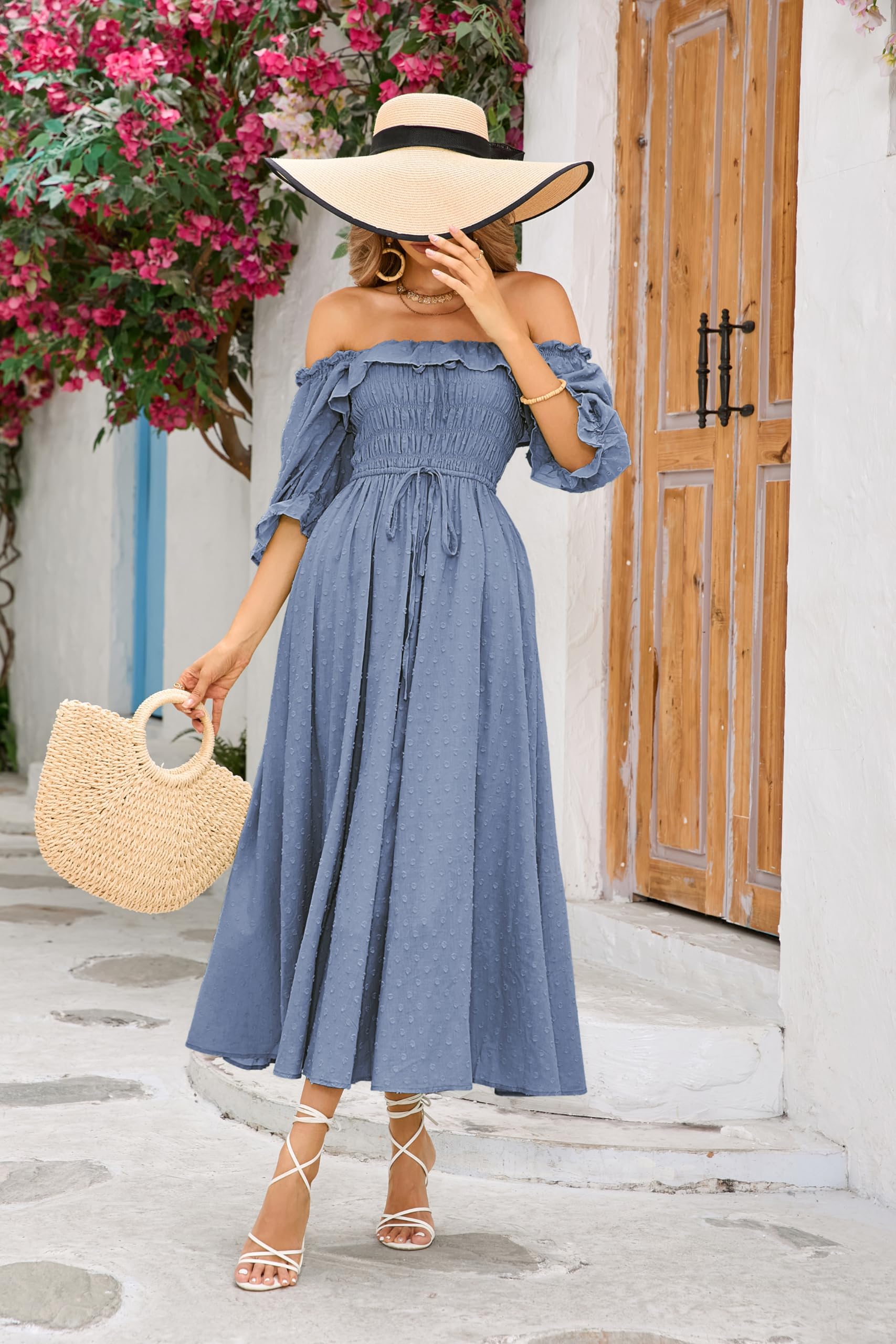 R.Vivimos Mujer Casual Polka Dot Print Slim Fit Media Manga Vestidos Cuello Cuadrado Largo Vestido Midi