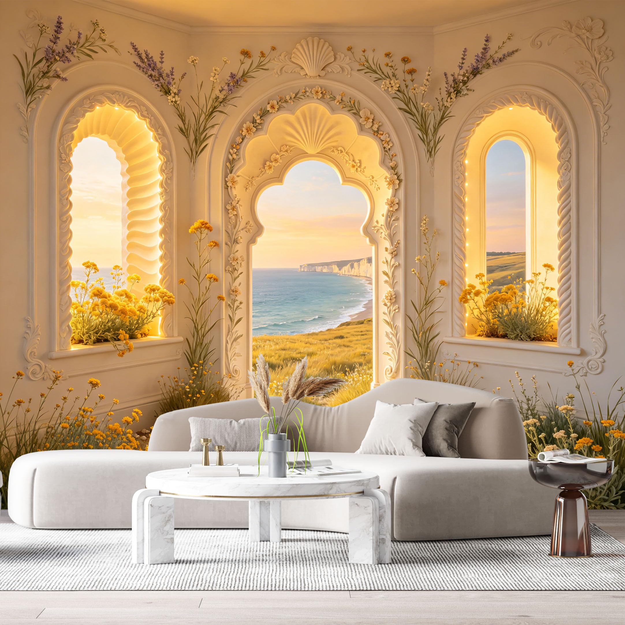 Custom Size Wall Murals Coastal Ocean Architectural Seashell 3D Trompe L'Oeil SelfAdhesiveWall Fabric Removable Wallpaper Wall Decor for Living Room Bedroom Bathroom