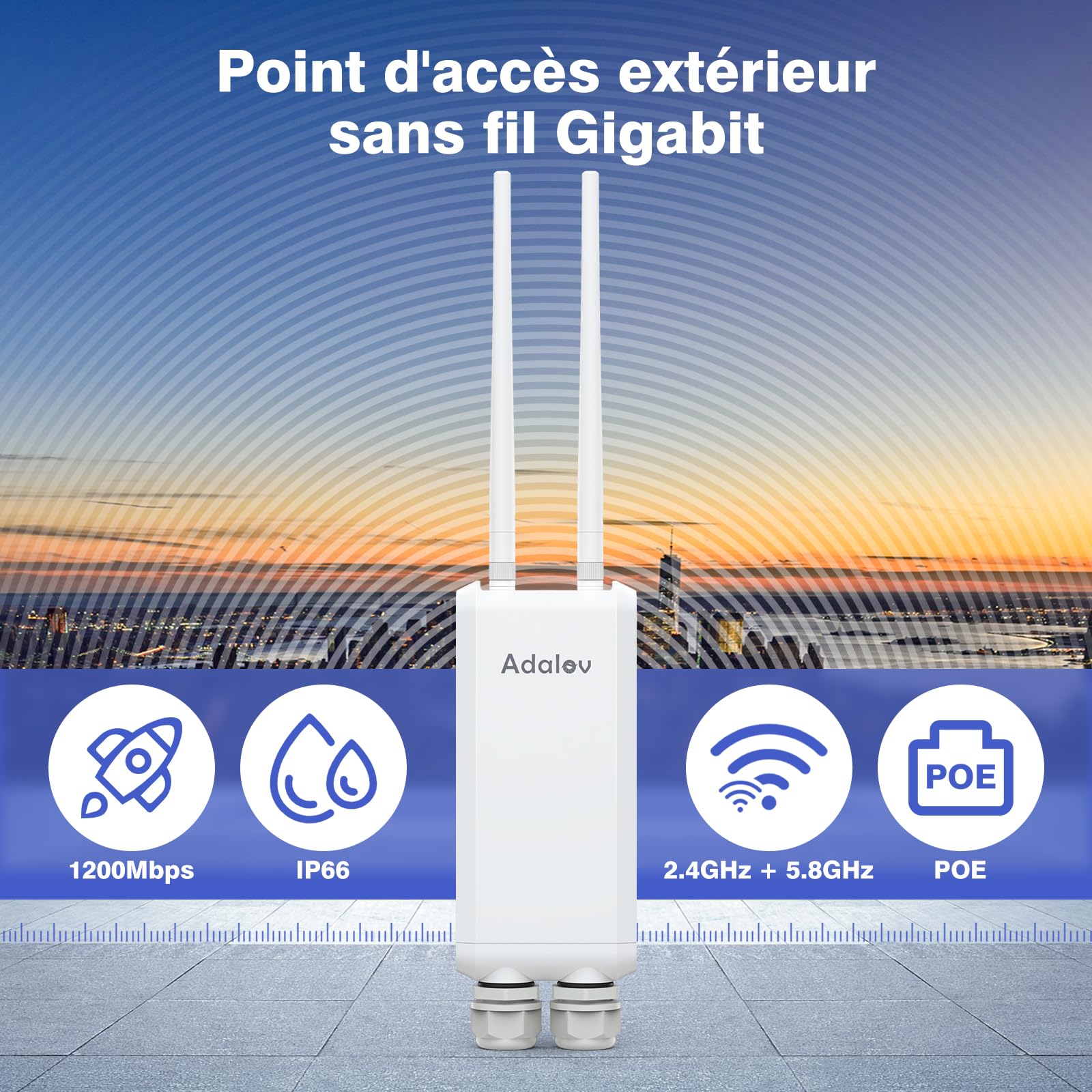 AdaLov Gigabit Point d’Accès sans Fil Extérieur, Point d’Accès WiFi Longue Portée, 1200Mbps Double Bande 2,4/5,8 GHz, Étanche IP66,Répéteur WiFi pour Magasin/Jardin/Garage/École/Camping-Car,48V PoE