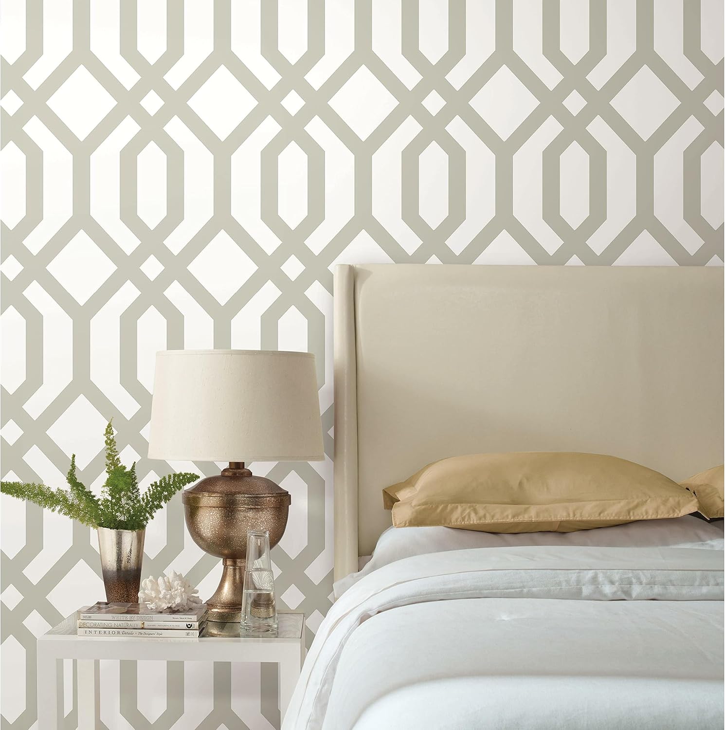 RoomMates RMK12012WP Taupe and White Gazebo Lattice Peel and Stick Wallpaper