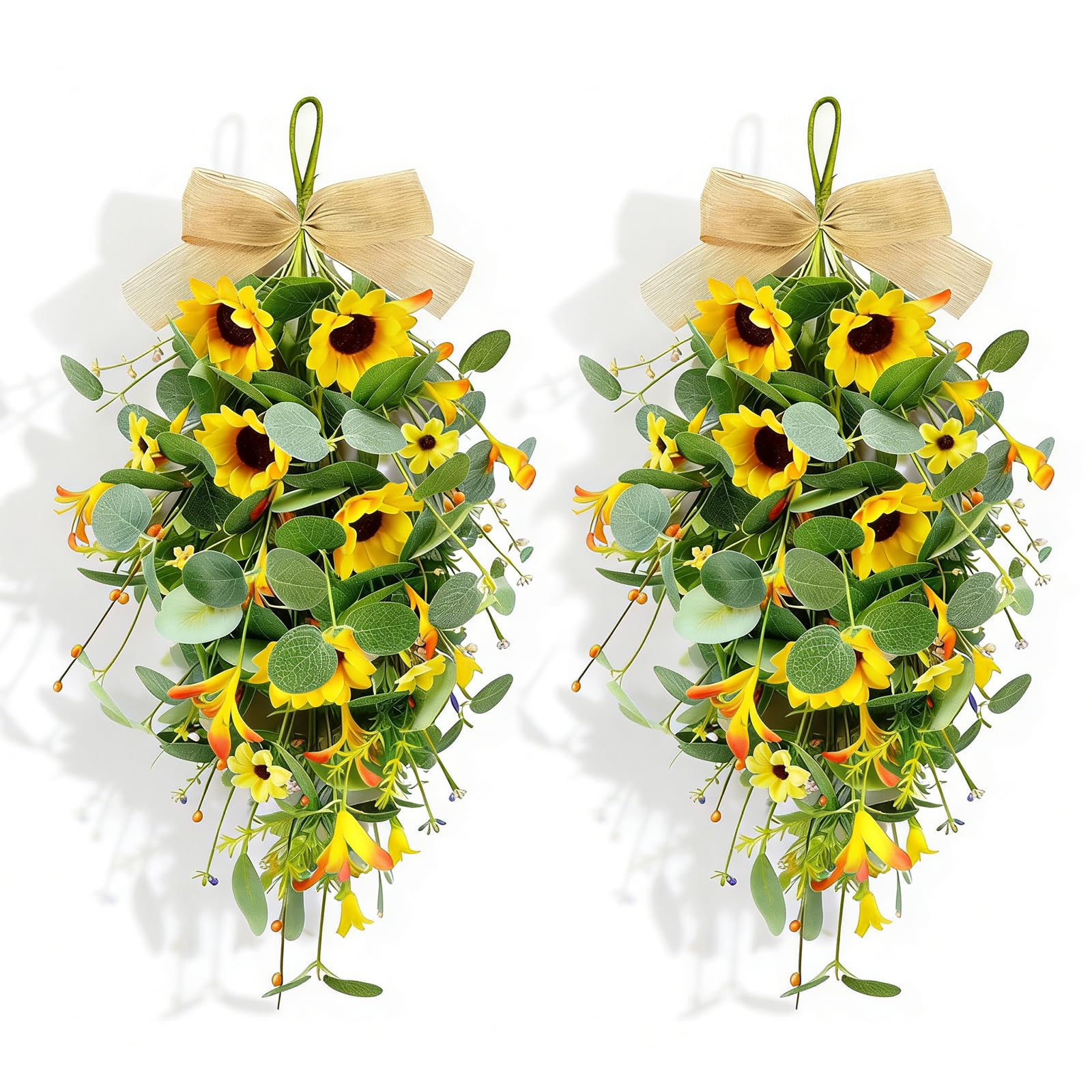 Photo 1 of 2 Pack 21'' Summer Sunflower Swag Wreaths for Cabinets Artificial Yellow Daisies Flower Teardrop Wreath with Orange Berry and White Sprigs Floral Wreath for Farmhouse Front Door Porch Window Wall