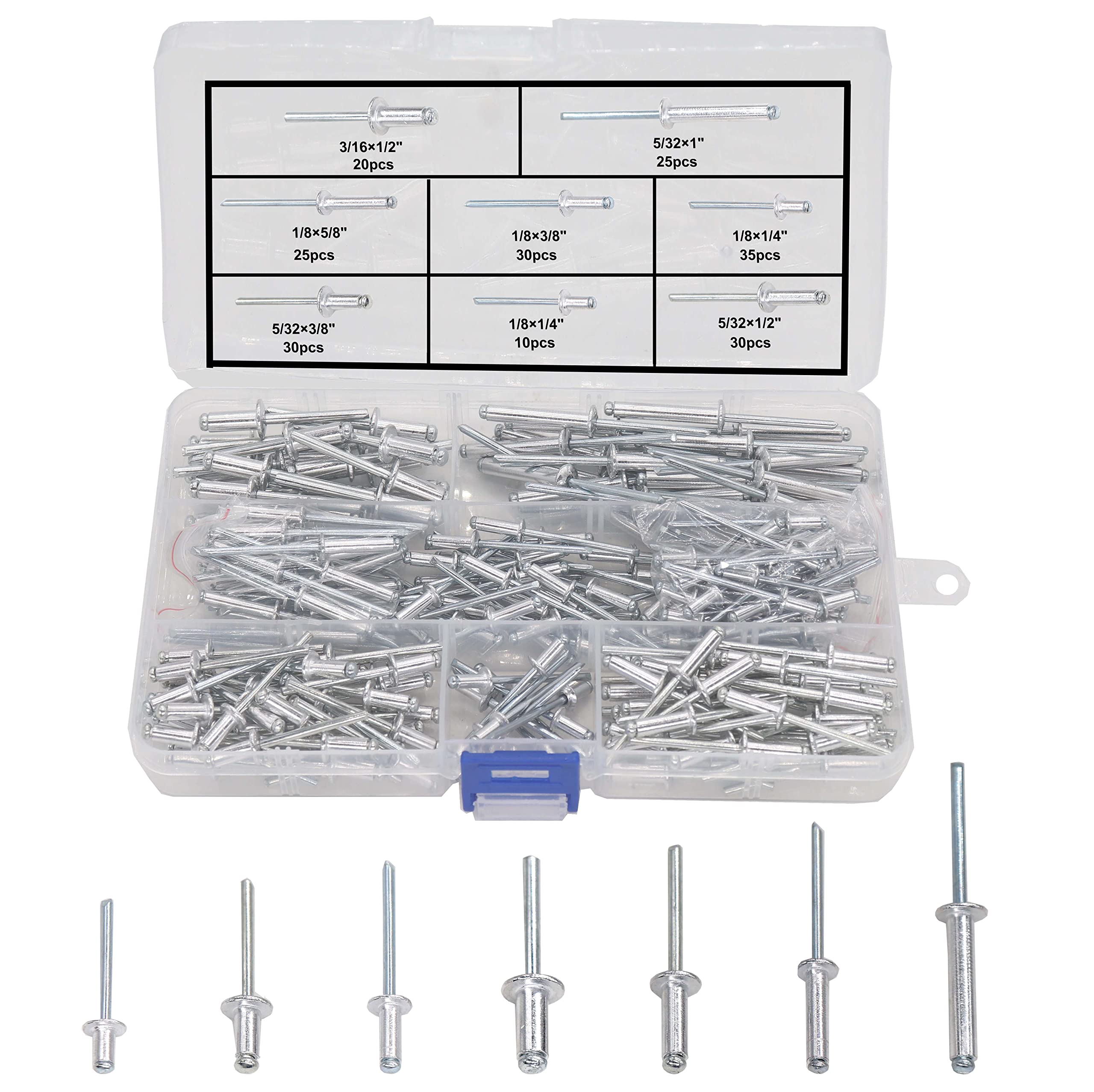 binifiMux 8 Sizes Aluminum Blind Rivets, Pop Rivets Assortment Kit, Silver Tone