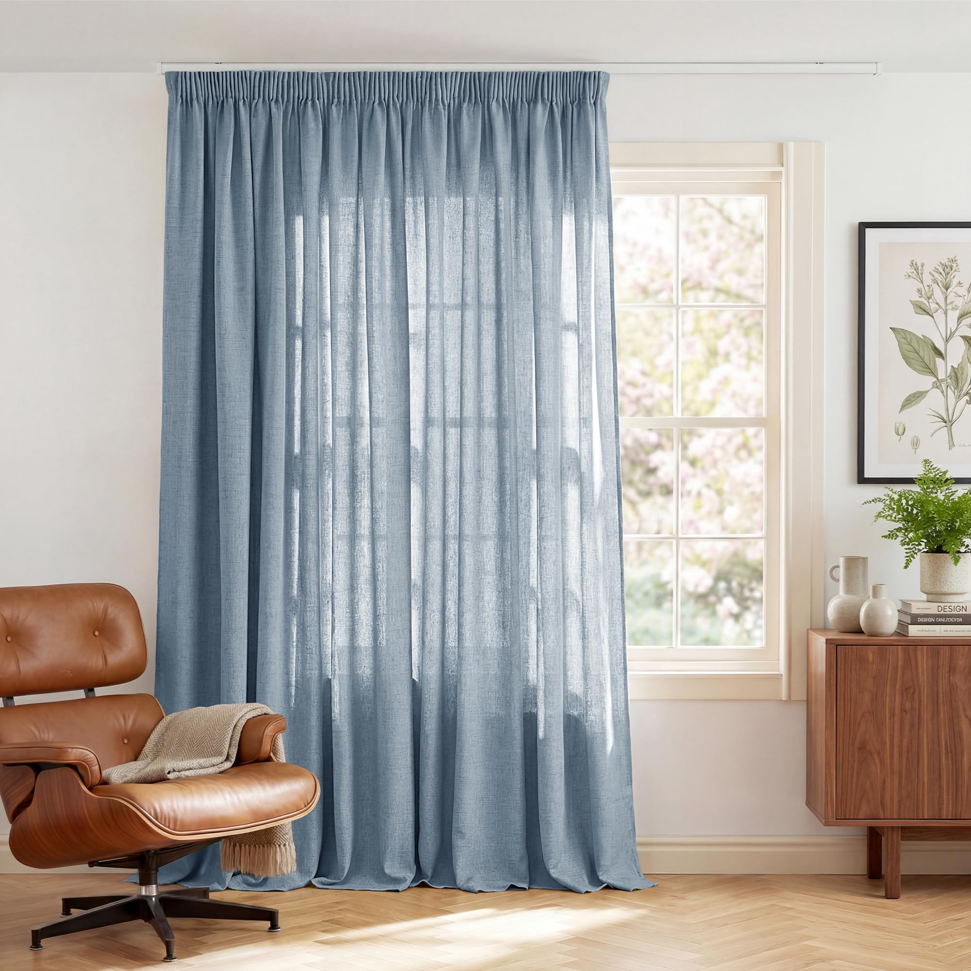 PONY DANCE Extra Breite Gardine Leinenoptik Vorhang Kräuselband | 1er Set H245 x B300 cm, Taubenblau, für Schiene, Lichtdurchlässig, Halbtransparent, Kinderzimmer Dekoration, Boho Style