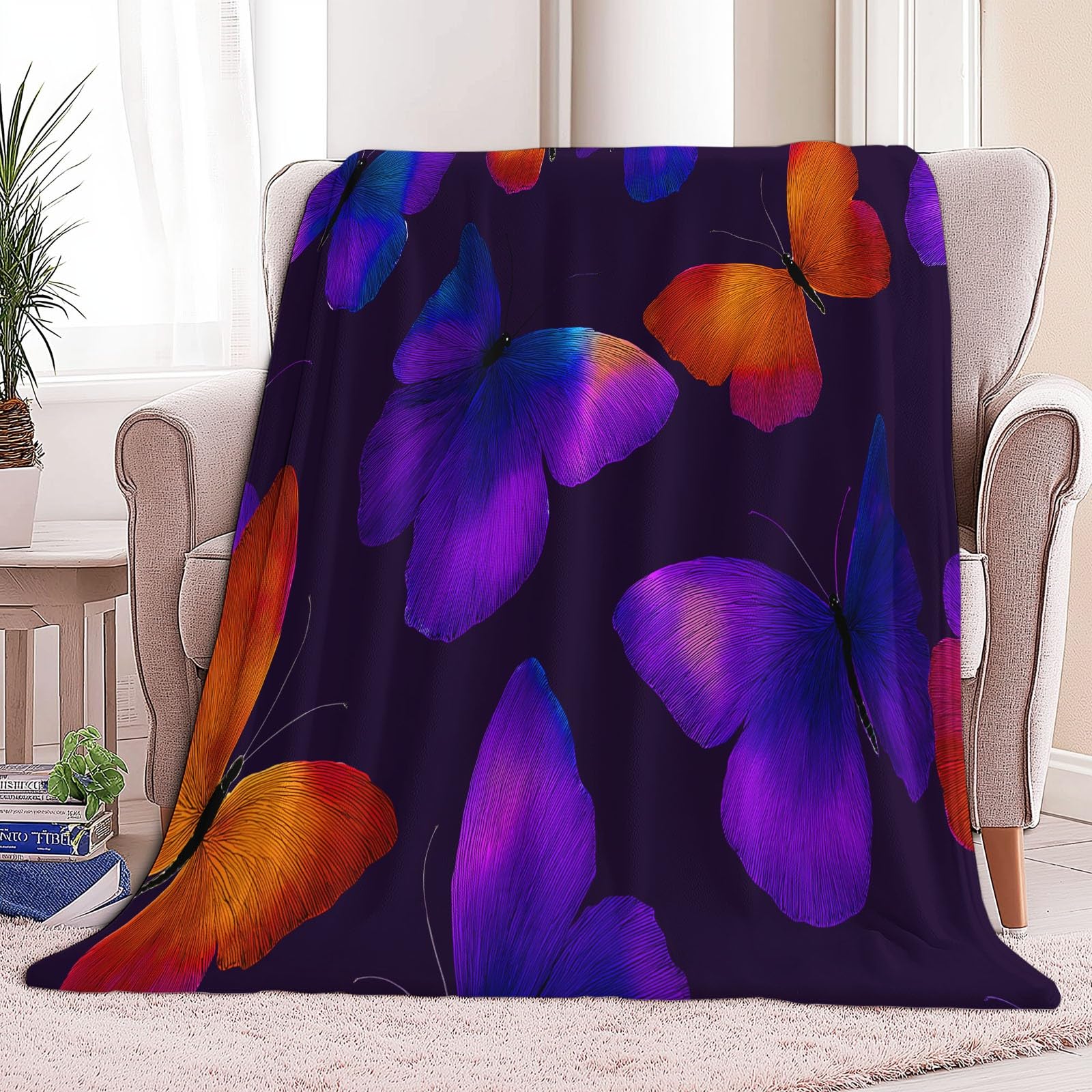 Ultracienki koc flanelowy, 220 x 240 cm, fioletowy, 220 x 240 cm, pluszowy i ciepły, neonowy, kolorowy nadruk motyla, lekki koc na łóżko, pościel na sofę, do podróży, dla dzieci i dorosłych, 220 x 240