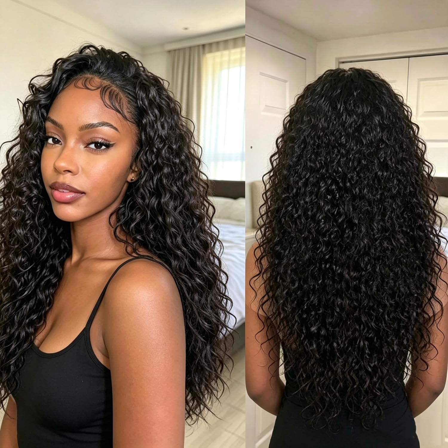 Yaki Deep Wave Curly Half Wig for Black Women, Glueless Synthetic Wig 3 in 1 Water Wave Wig with Drawstring Wear and Go Heat Resistant Beginner Friendly for Daily Wear, #1B Black, 24 Inch