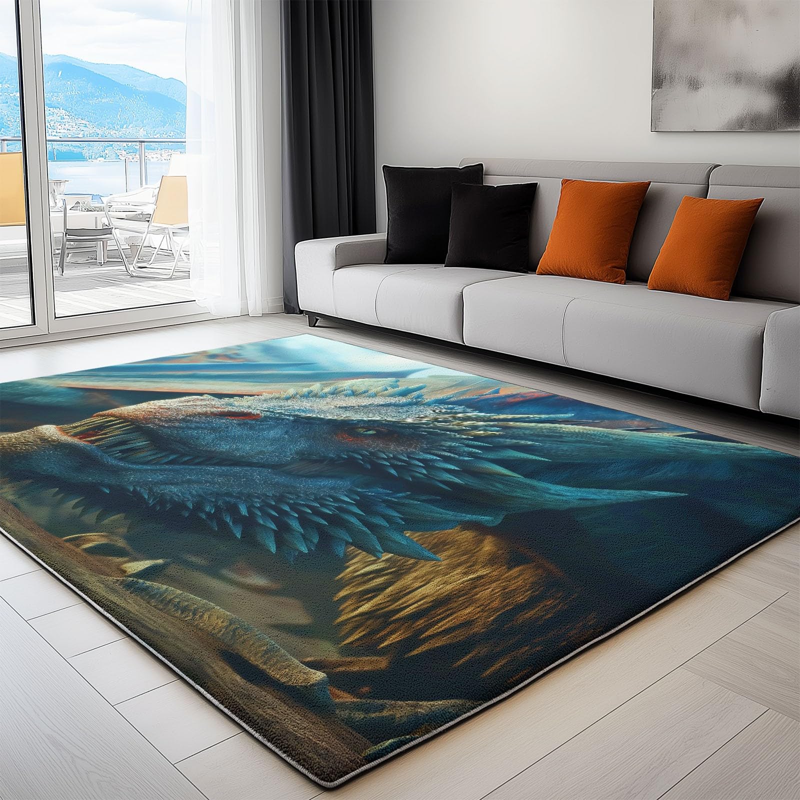 Tapis de salon bleu lavable 160x230 cm motif dragon pour chambre et bureau