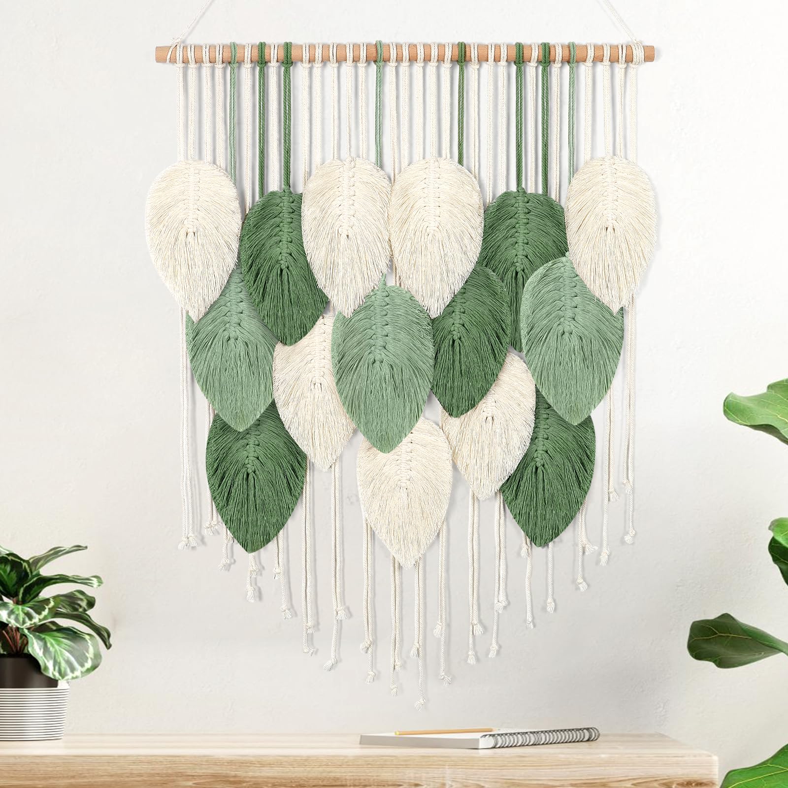 WeldomcorMacrame Wall Hanging, Boho Leaves Macrame Tapestry Wall Decor Handmade Green Woven Hanging Decor Chic Bohemian Wall Art Home Decoration for Bedroom Living Room Nursery Office 23.6"W x 29.5"L