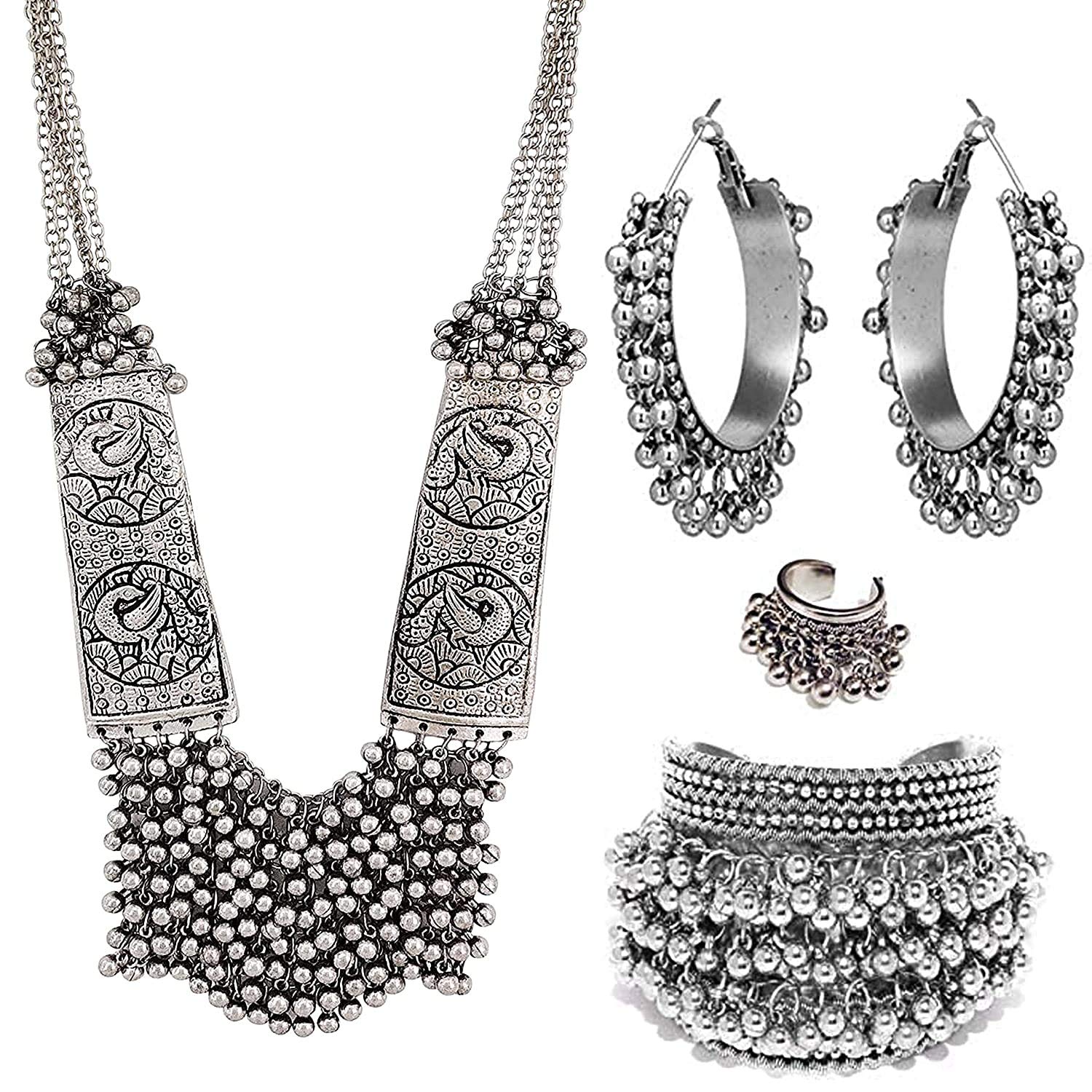 COSMOS SYSTEMS® Jewellery Oxidised Silver Banja.ra Style Choker Necklace Set Ring with Earring for Women & Girls (B091Q54QJX) Amazon Price History, Amazon Price Tracker