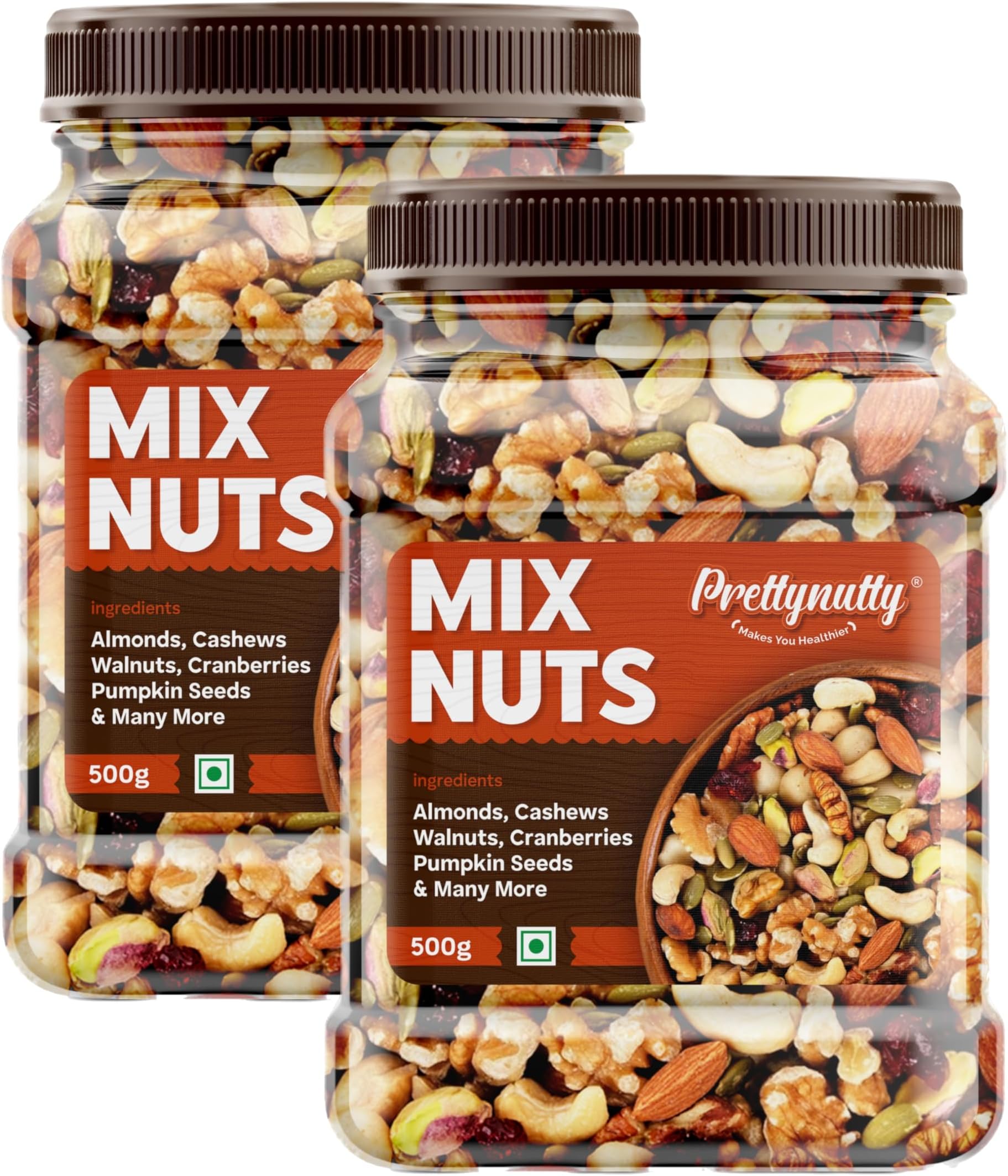 Healthy Nutmix 1kg, Dried Almonds, Black Raisins, Cashewnuts, Cranberries, Green Raisins, Walnut Kernels & Many More. Pack of 2 (500g Each Jar)
