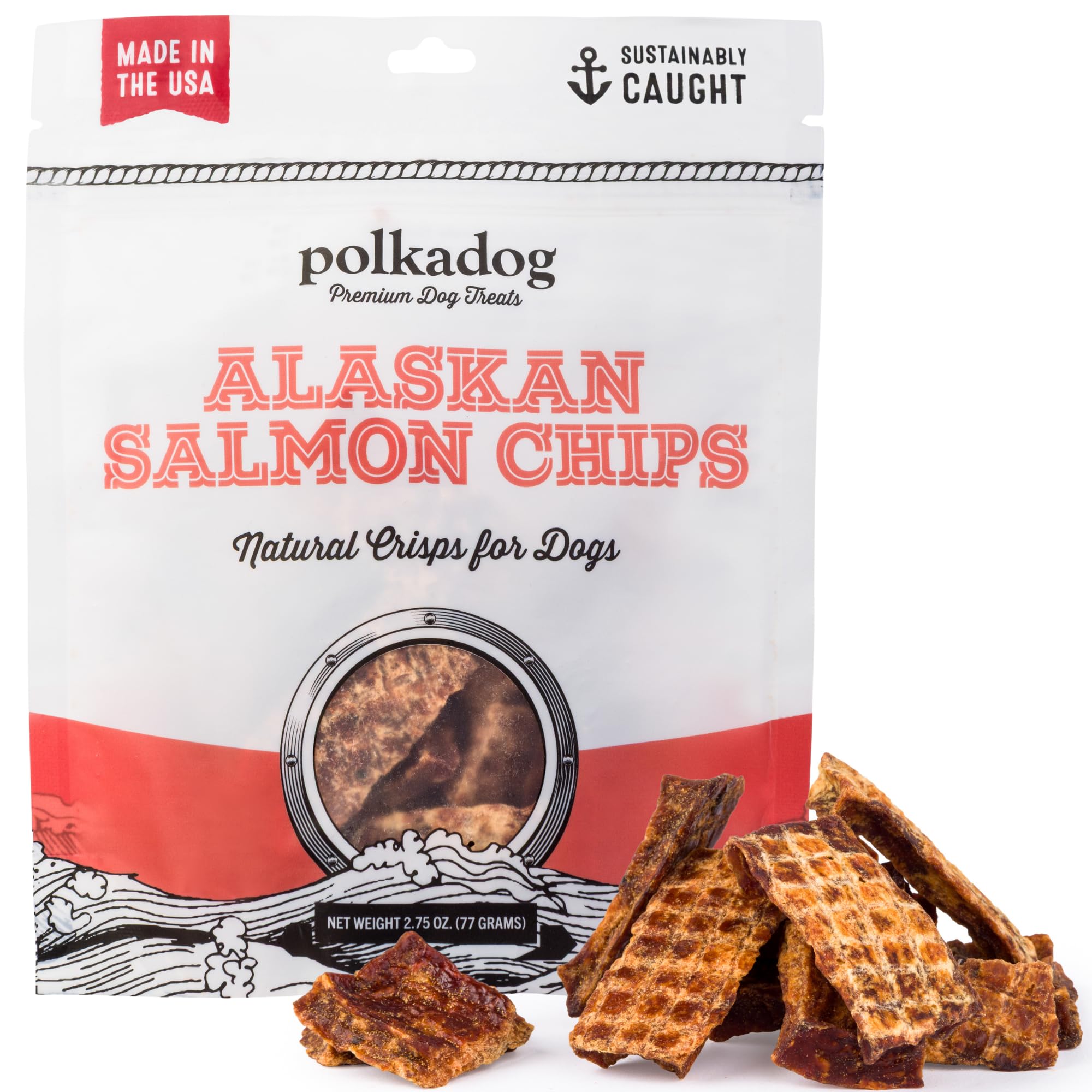 Polkadog Crunchy Alaskan Salmon Chips – Single Ingredient Dog Treats with Wild-Caught Salmon – All Natural, Grain-Free, Lean Protein & Omega-3 Rich Snacks for Dogs – Handcrafted in USA - 2.75 oz
