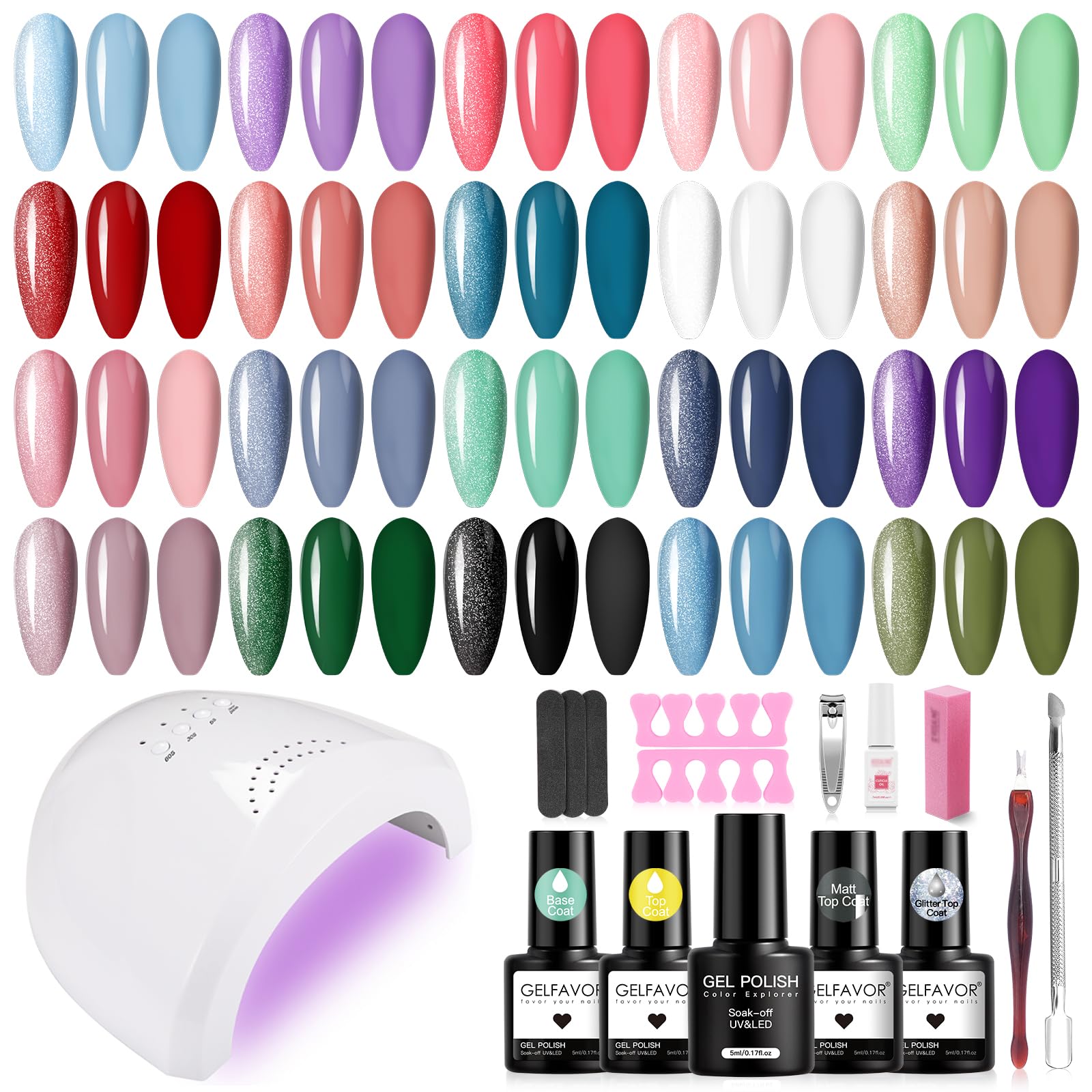 GELFAVOR Kit Uñas Semipermanentes con 48W Lámpara, Esmaltes Semipermanentes Kit Completo, 20 Colores Azul Violeta Rosa Verde Rojo UV LED Pintauñas Semipermanentes Mini