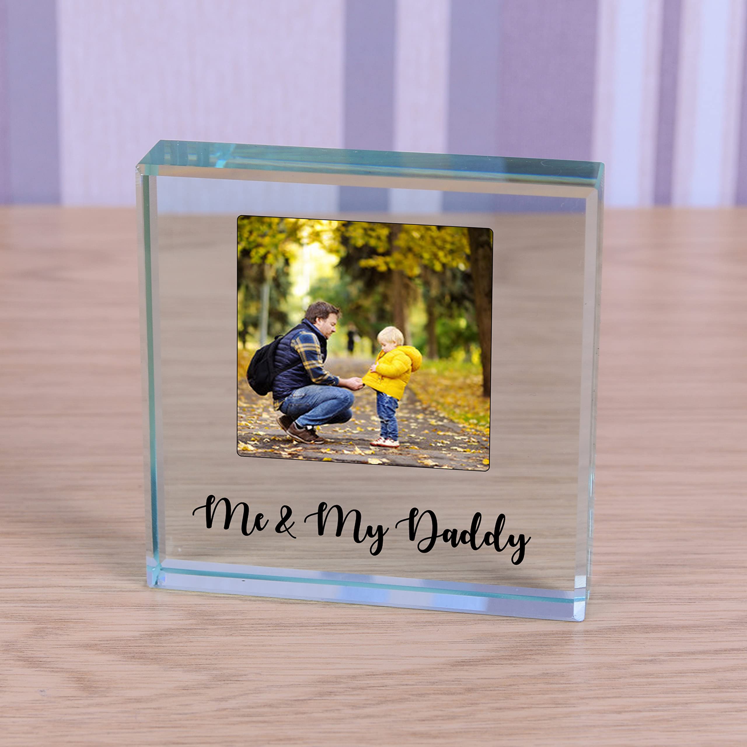 SDD Personalised Me and My Daddy Glass Token Photo Engraved Glass Block Paperweight Gift Block Daddy and Me Birthday Christmas Fathers Day