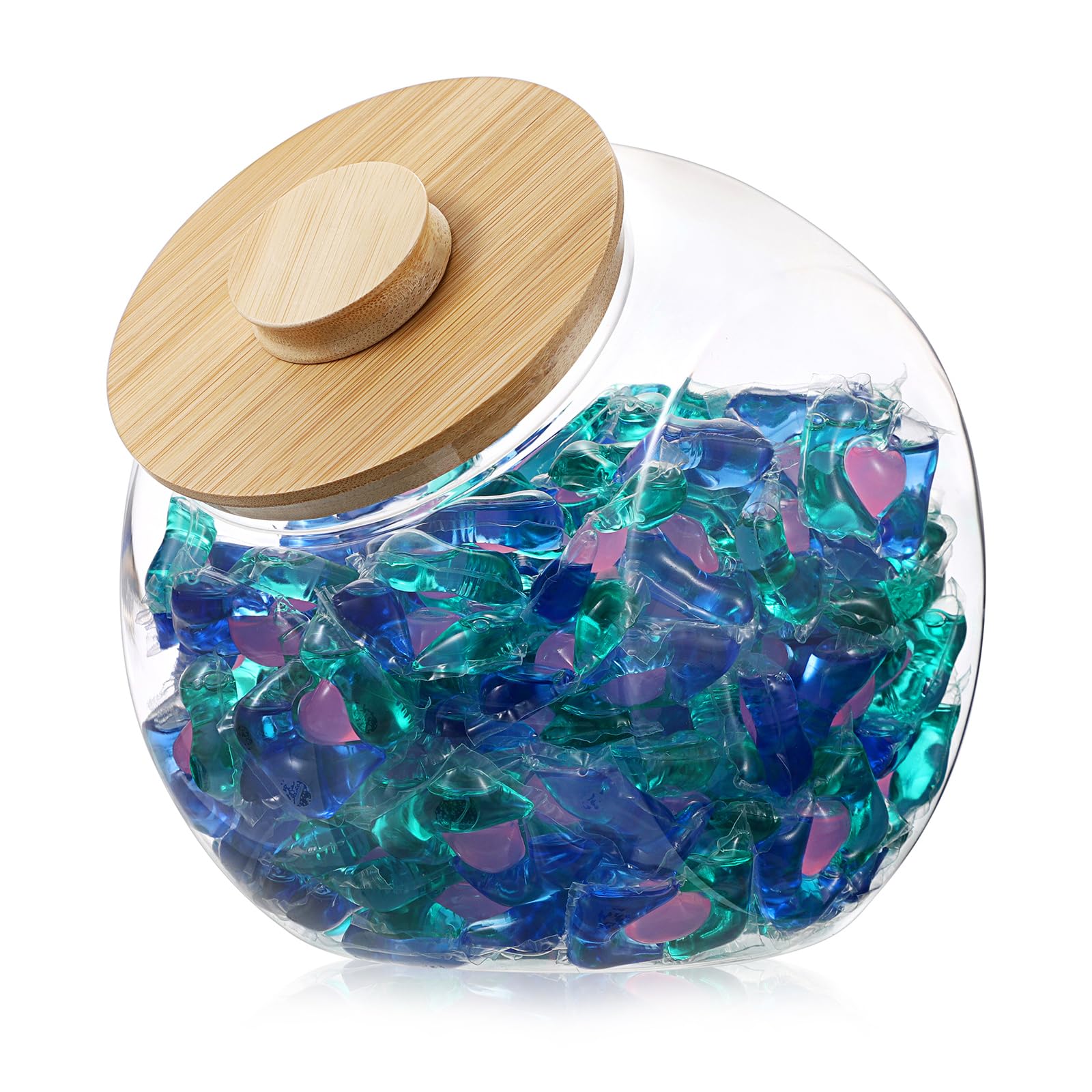 TOLIDA Clear Laundry Pods Container with Bamboo Lid - Large Capacity Storage Box Jar for Washing Powder, Detergent Pods Holder for Laundry Room, Plastic Storage Canister for Washing Pods, bath Bombs