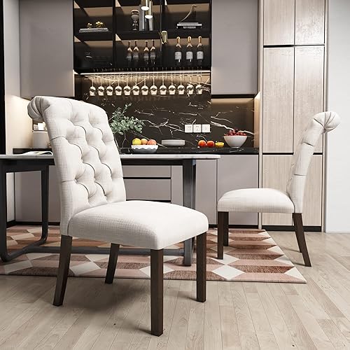 Winwee Juego de 2 sillas de comedor acolchadas para ocio silla de comedor tapizada de tela de madera maciza con botón trasero para cocina sala de