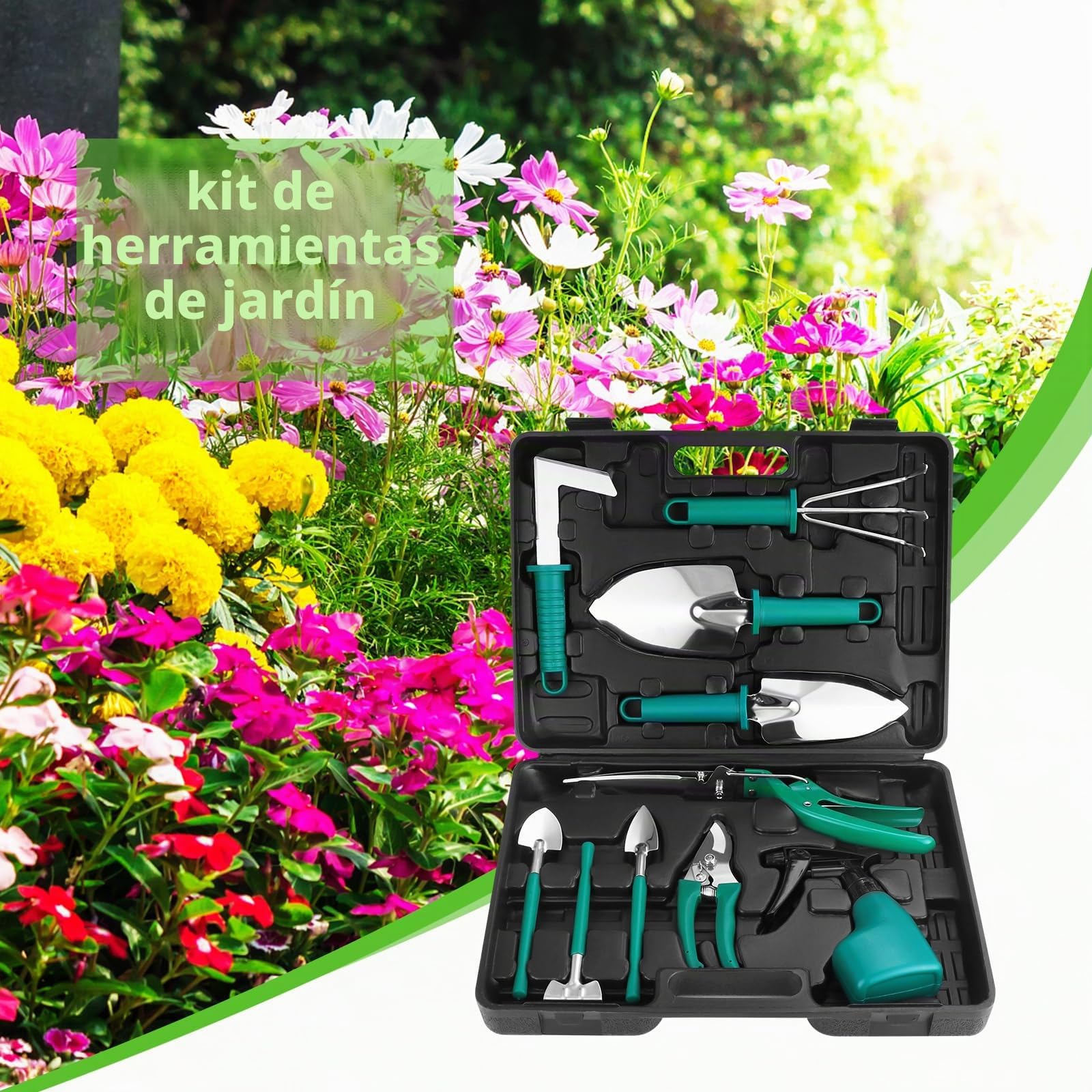 Juego de Herramientas de jardín, Juego de Herramientas de jardín con Paleta, trasplantador, rastrillo, Tijeras de podar, Palas y Botella pulverizadora de Agua (Verde)
