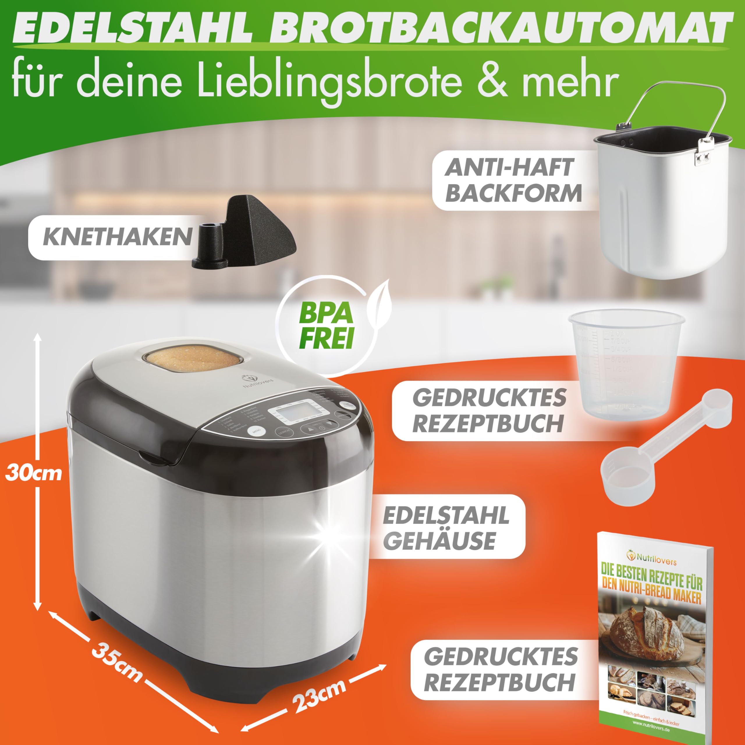 Nutrilovers NUTRI-BREAD-MAKER Edelstahl Brotbackautomat mit 19 Programmen, 3 Bräunungsstufen, Timer, 3 Brotgrößen (500g, 750g, 1000g) inkl. Rezeptbuch