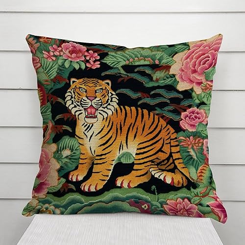 Miniatura 7 de Funda de almohada con estampado de tigre, color rosa, verde y turquesa, negro, ming, tigre, colorido, chinoiserie, funda de cojín asiática, 28 x 28