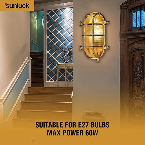 Miniatura 7 de Sunluck Luz de mamparo de latón puro, lámpara de pared náutica ovalada de rejilla, pantalla de latón, luz de montaje en techo, luz de sauna de latón