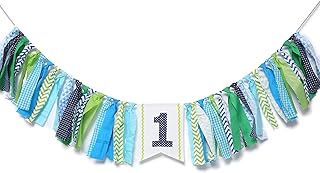WAOUH 1st Birthday High Chair Banner - First birthday party Decorations For Rag Tie Fabric Garlandï¼ŒPhoto Booth Props ï¼ŒBirthday Souvenir And Gifts (Blue Green Aqua High Chair Banner)