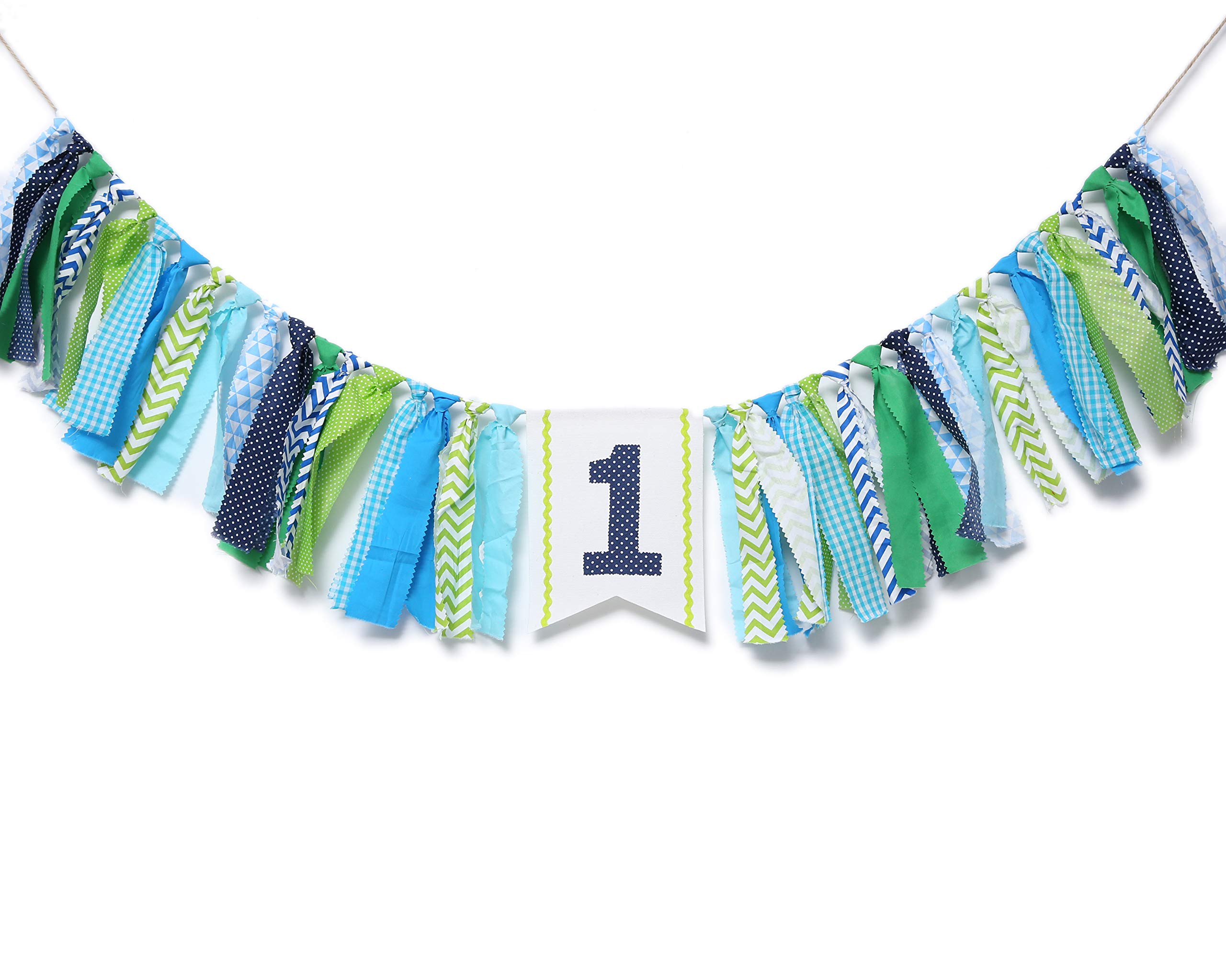 WAOUH 1st Birthday High Chair Banner - First Birthday Party Decorations for Rag Tie Fabric Garland，Photo Booth Props ，Birthday Souvenir and Gifts (Blue Green Aqua High Chair Banner)