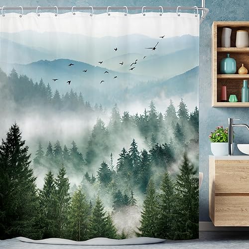 Miniatura 36 de Riyidecor Cortina de ducha de montaña verde rústica para baño, paisaje de bosque, paisaje, tela impermeable, paisaje alpino, decoración de baño