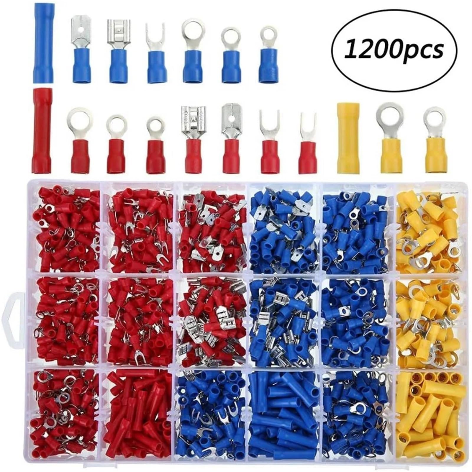 Terminales eléctricos Conector de Cable aislado, engarce eléctrico, juego horquilla con anillo a tope pala, terminales enrollados eléctricos, Kit surtido(1200PCS)