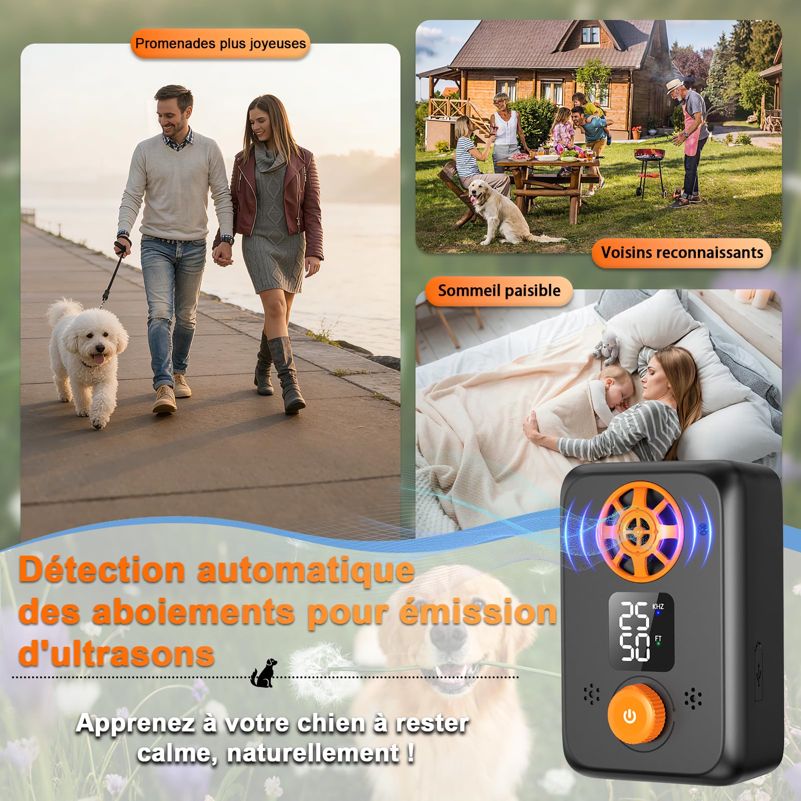 Anti Aboiement Chien Ultrason Puissant - Appareil Anti-Aboiement Ultrasonique Chien avec 5 Fréquences Ajustables 3 Portées Arrêt Automatique du Aboiement Intérieur/Extérieur