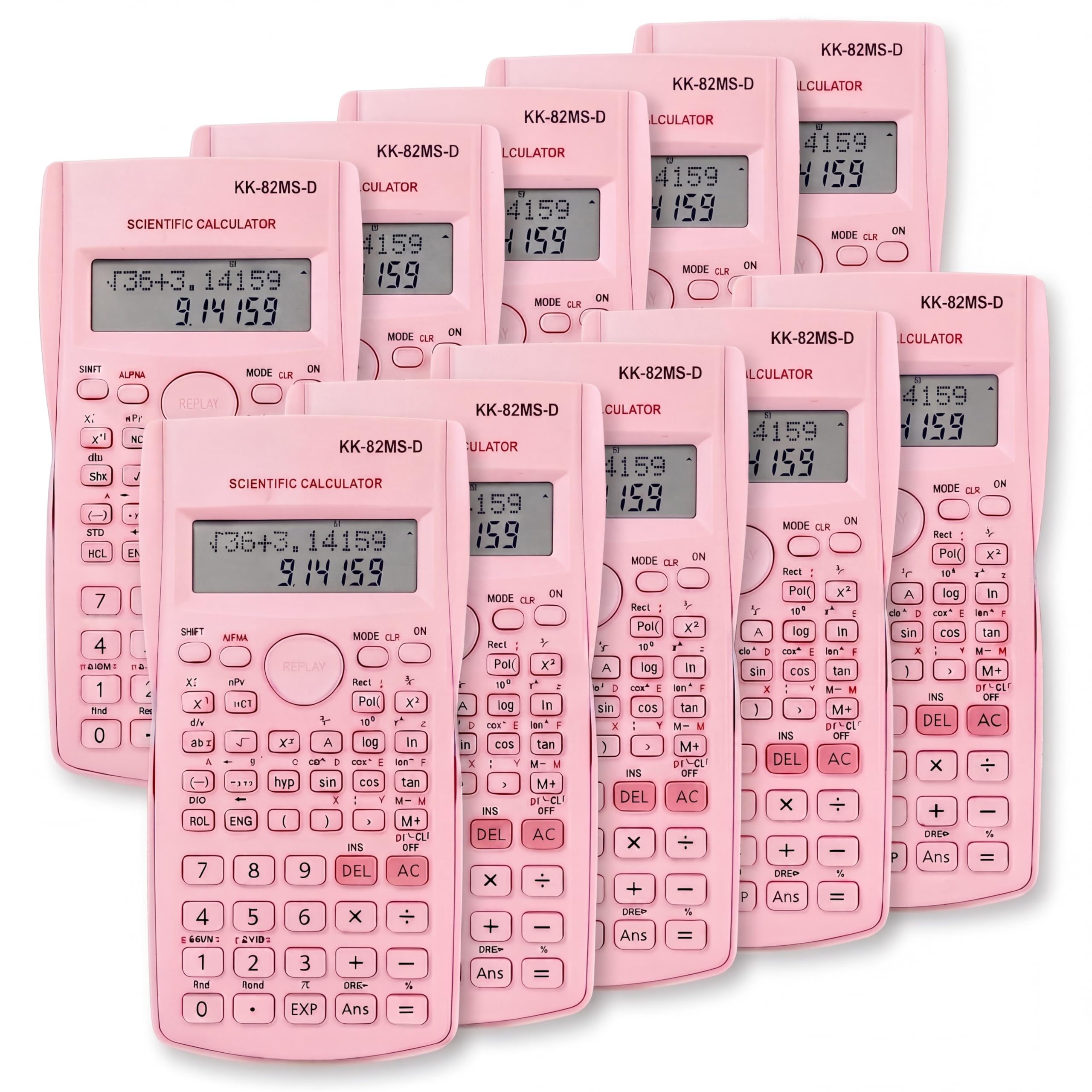 Flutesan 10 calcolatrici scientifiche a 2 linee, funzione sfusa, calcolatrice matematica, grande display, per studenti, insegnanti, aule, scuole superiori, batterie AAA incluse (rosa)