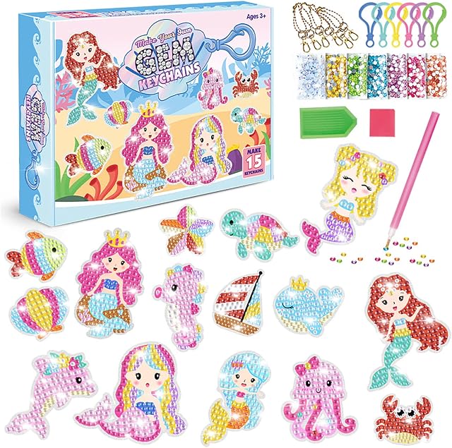TOYESS Big Gem Mermaid Diamond Painting Kits for Kids, 5D Diamond Art for Kids Make Your Own GEM Keychains, Arts and Crafts for Kids Ages 6 7 8 9 10 11 12 Years Old