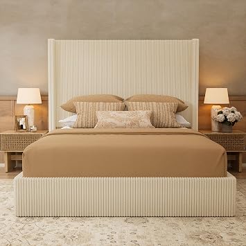 Yechen Queen Bed Frame with Lift Up Storage, 51.2" Tall Headboard and Upholstered Wingback Platform Bed Frame, Hydraulic Support, No Box Spring Needed, Beige Corduroy