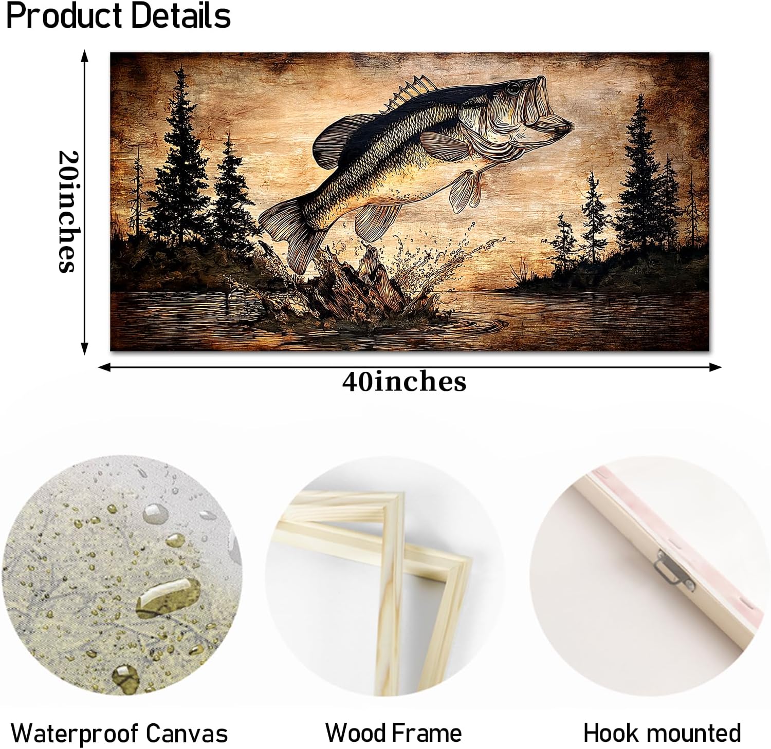 OuElegent Rustic Bass Fishing Wall Art Jumping Fishing Fish Artwork Lake House Decor Rustic Cabin Lodge Wall Decor for Man Cave 20''x40''