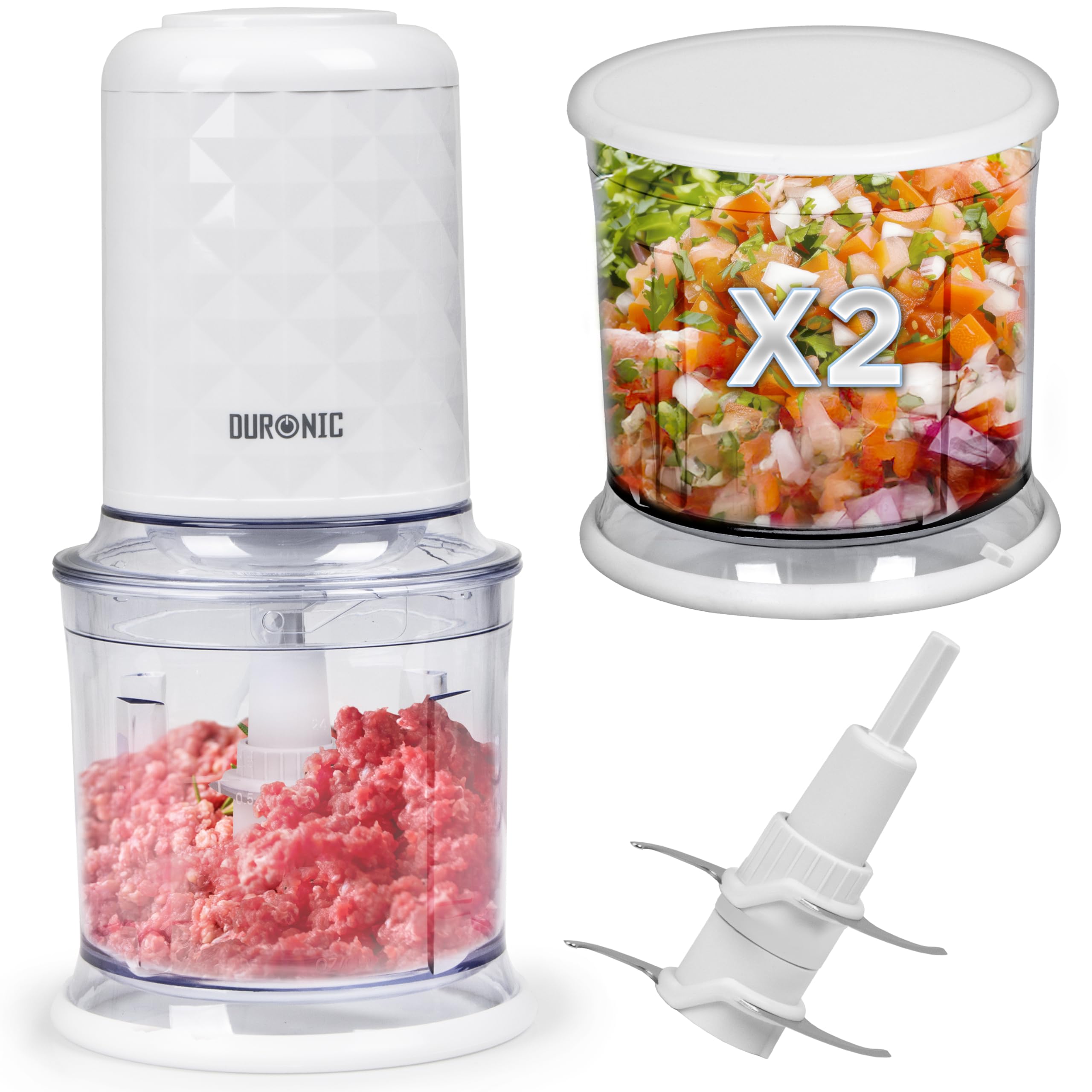 Duronic CH57 WE Mini Food Chopper, 500W Electric Food Processor, Two 700ml Bowls, Dual & Quad Stainless Steel Blades, Slicer/Dicer, Dishwasher Safe, BPA-Free, White, for Onion, Veg, Meat, Dips, Soups