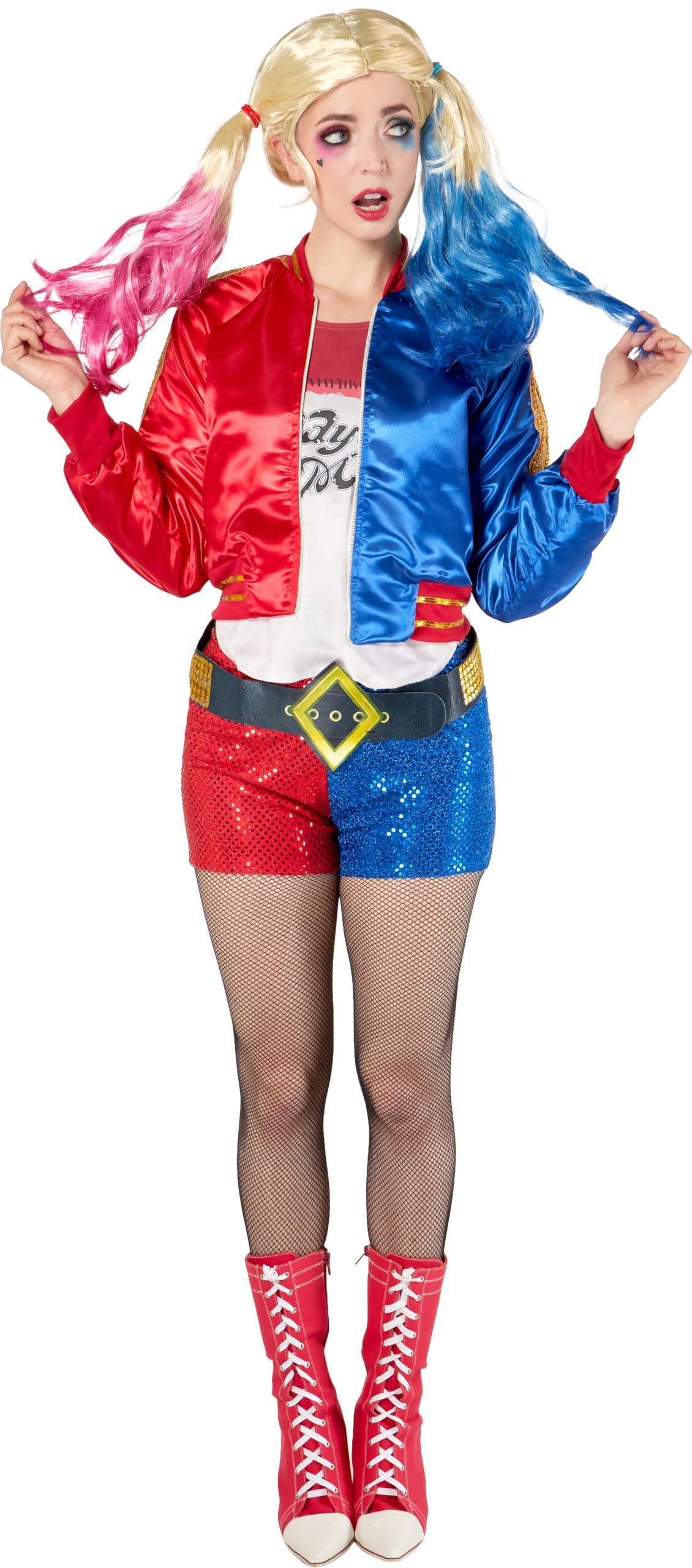 Rubie's Official Harley Quinn damski fantazyjny strój na Halloween, drużyna samobójców, damski kostium złoczyńcy, czerwony, rozmiar L (14-16)