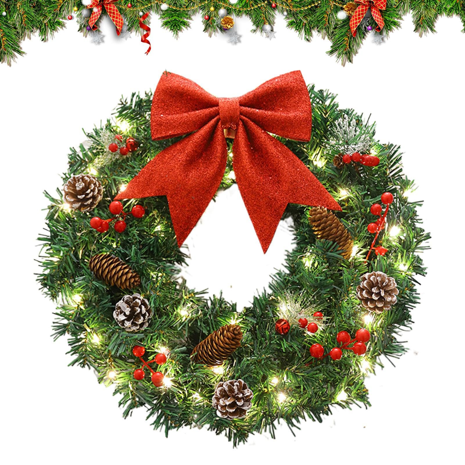 Couronne de Noël éclairée de 38 cm avec un grand nœud rouge pour décoration de porte