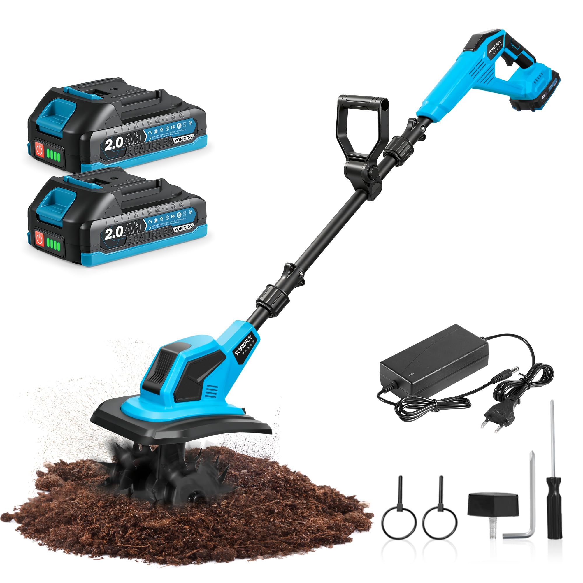 Yofidra Akku-Bodenhacke Gartenfräse - 600W Motorhacke mit 23cm Arbeitsbreite, 17cm Arbeitstiefe, LED-Anzeige, 2x2.0Ah Akku, 4x12 Zähne Bodenfräse für Bodenbearbeitung, Elektro-Tiller für Garten