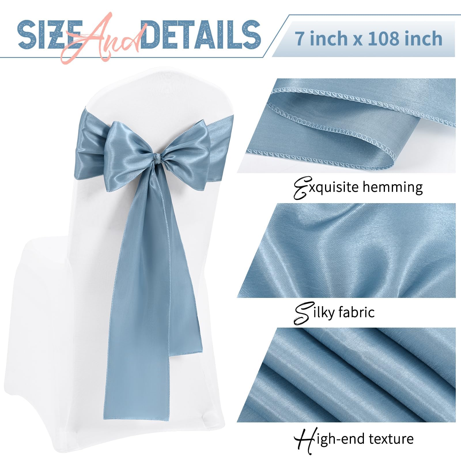 Stuhlschärpen aus Satin, Staubblau, Schleifen, dekorativ, Stuhlhussen, Schärpen für Thanksgiving, Hochzeit, Weihnachten, Bankett, Party, Zuhause, Küche, Dekoration (17,8 x 274,3 cm), 60 Stück